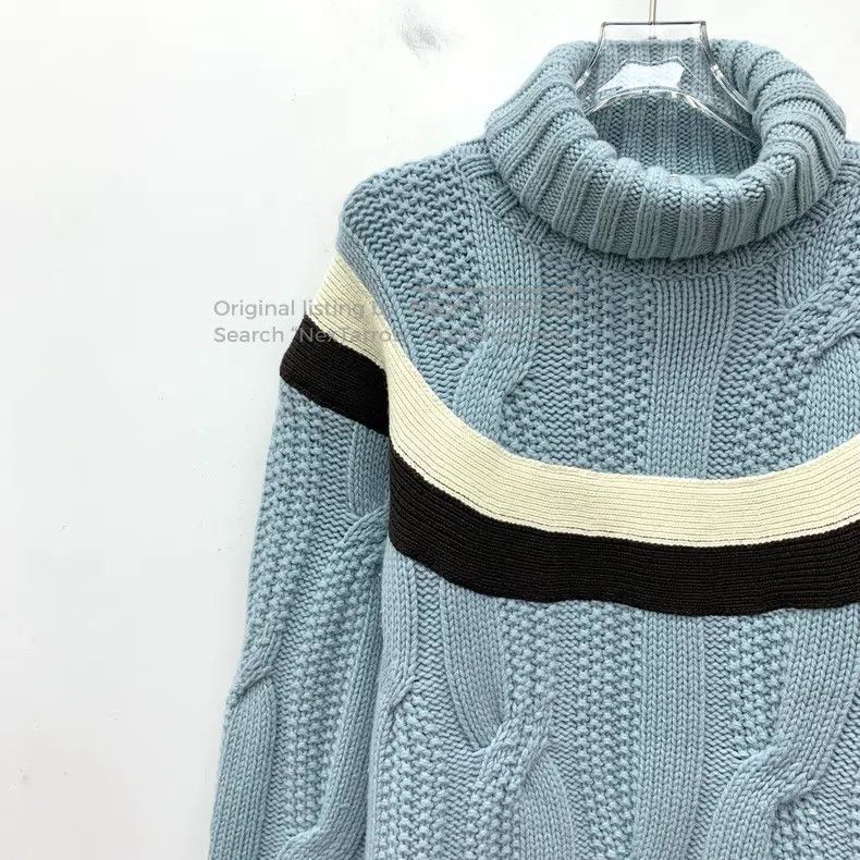 St Johns Bay Women Hermes Light Blue Cable Knit Wool High-neck Long-sleeved S