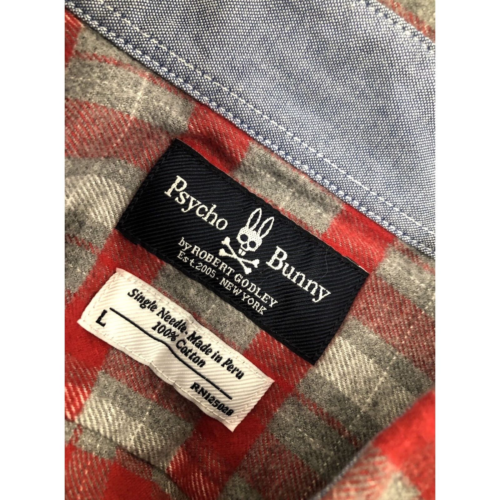 Psycho Bunny Psycho Bunny / Robert Godley Embroidered Skull Plaid Check Flannel Lg. Shirt Shirt Mens L Red / Gray Embroidered Skull 90s Style Size US L / EU 52-54 / 3 - 5 Thumbnail