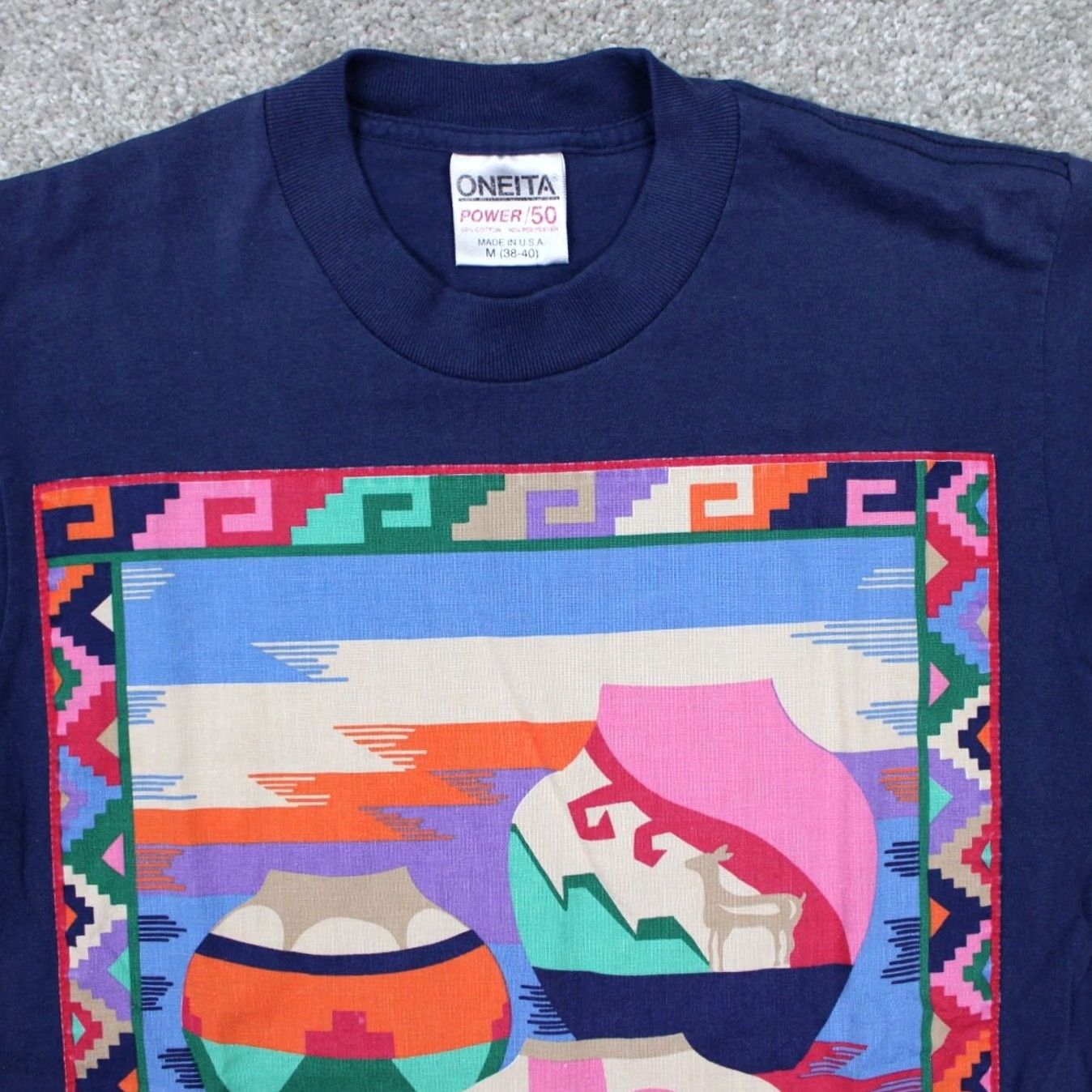 Vintage VINTAGE Oneita Power/50 Shirt Mens Medium Blue Aztec Southwest Tribal S/S Size US M / EU 48-50 / 2 - 5 Thumbnail