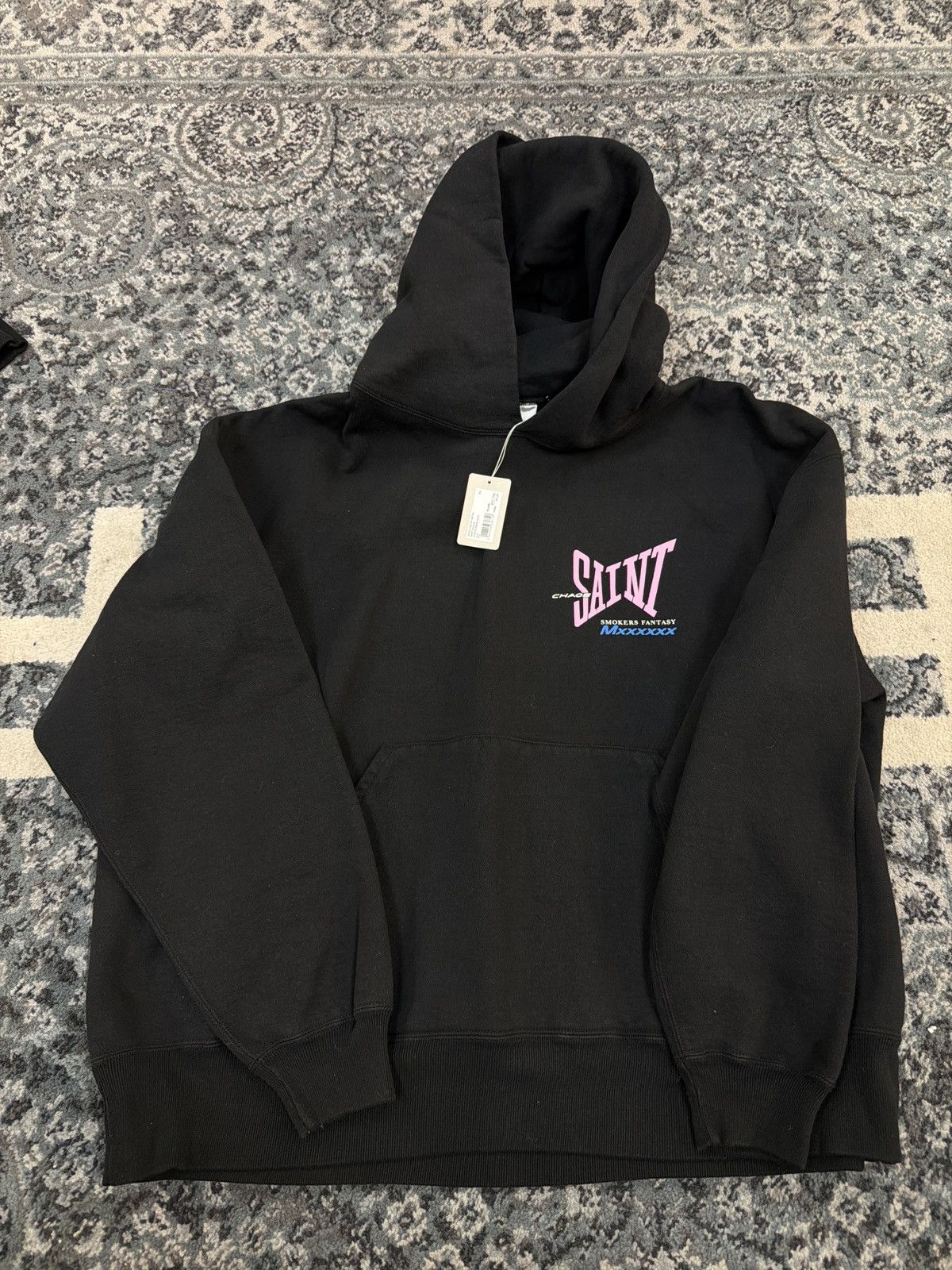 Saint Michael ribbon hooded sweatshirt black pink