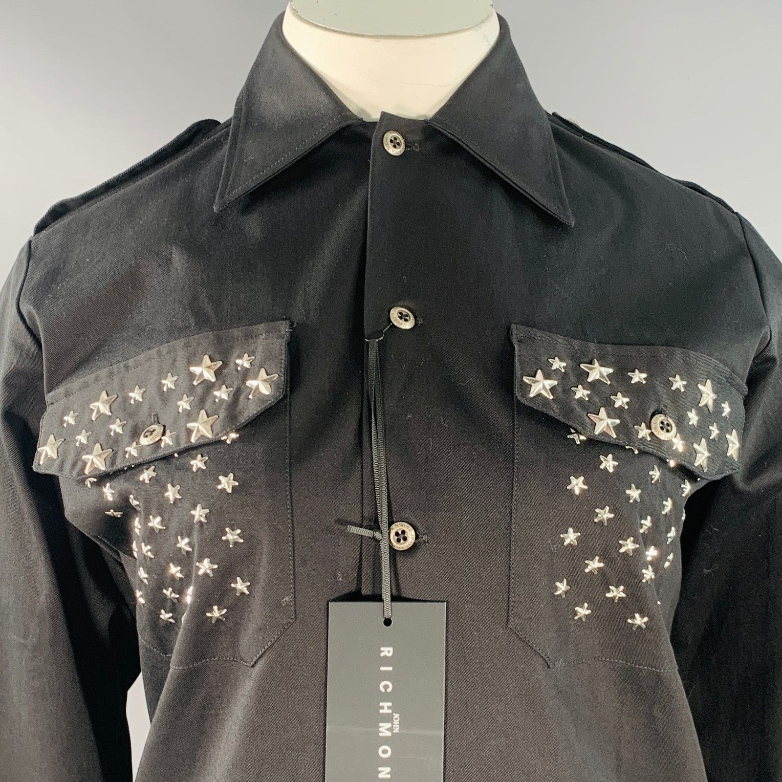John Richmond L Black Silver Cotton Blend Studded Stars Two Pockets Shirt Size L / US 10 / IT 46 - 2 Thumbnail