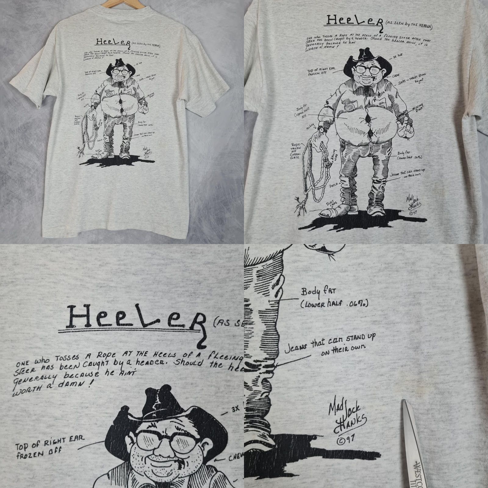 Vintage VINTAGE Mad Jack Hanks Shirt Mens Small Gray Graphic Print Double-Sided Crew Neck Cowboy Rodeo Humor Striped Heather Size US S / EU 44-46 / 1 - 9 Thumbnail