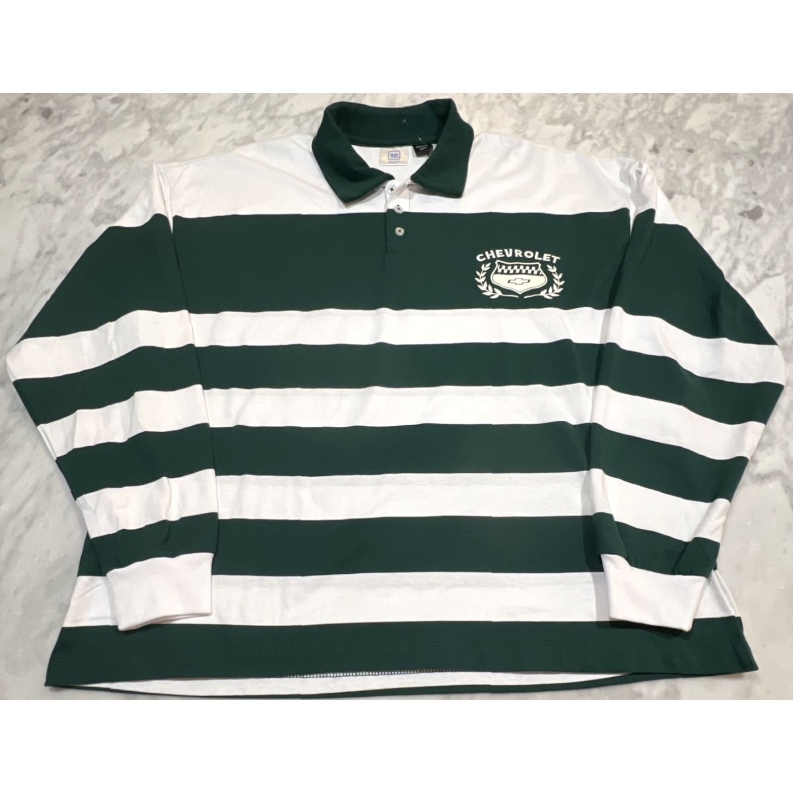 Vintage GM Chevrolet Polo Rugby Shirt Men Large Long Sleeve Green White Striped NWT Size US L / EU 52-54 / 3 - 2 Thumbnail