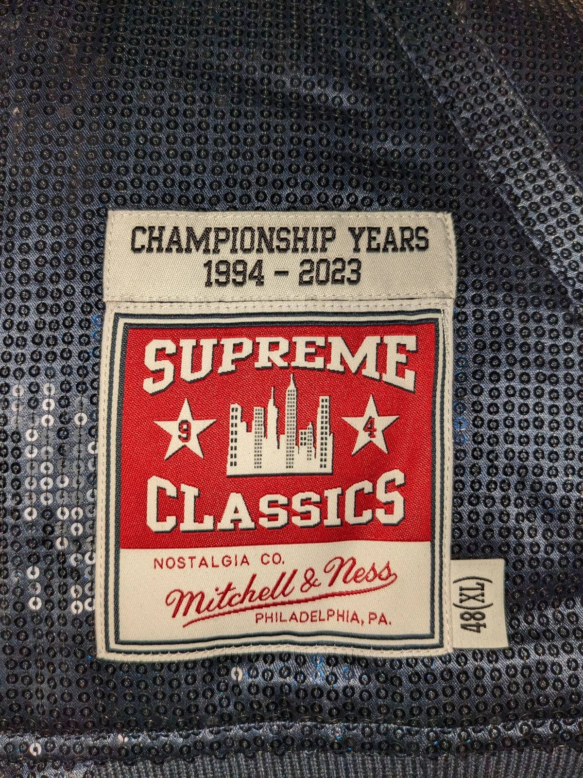 Supreme SS23 Supreme Mitchell & Ness Sequin Varsity Jacket Navy XL Size US XL / EU 56 / 4 - 10 Thumbnail