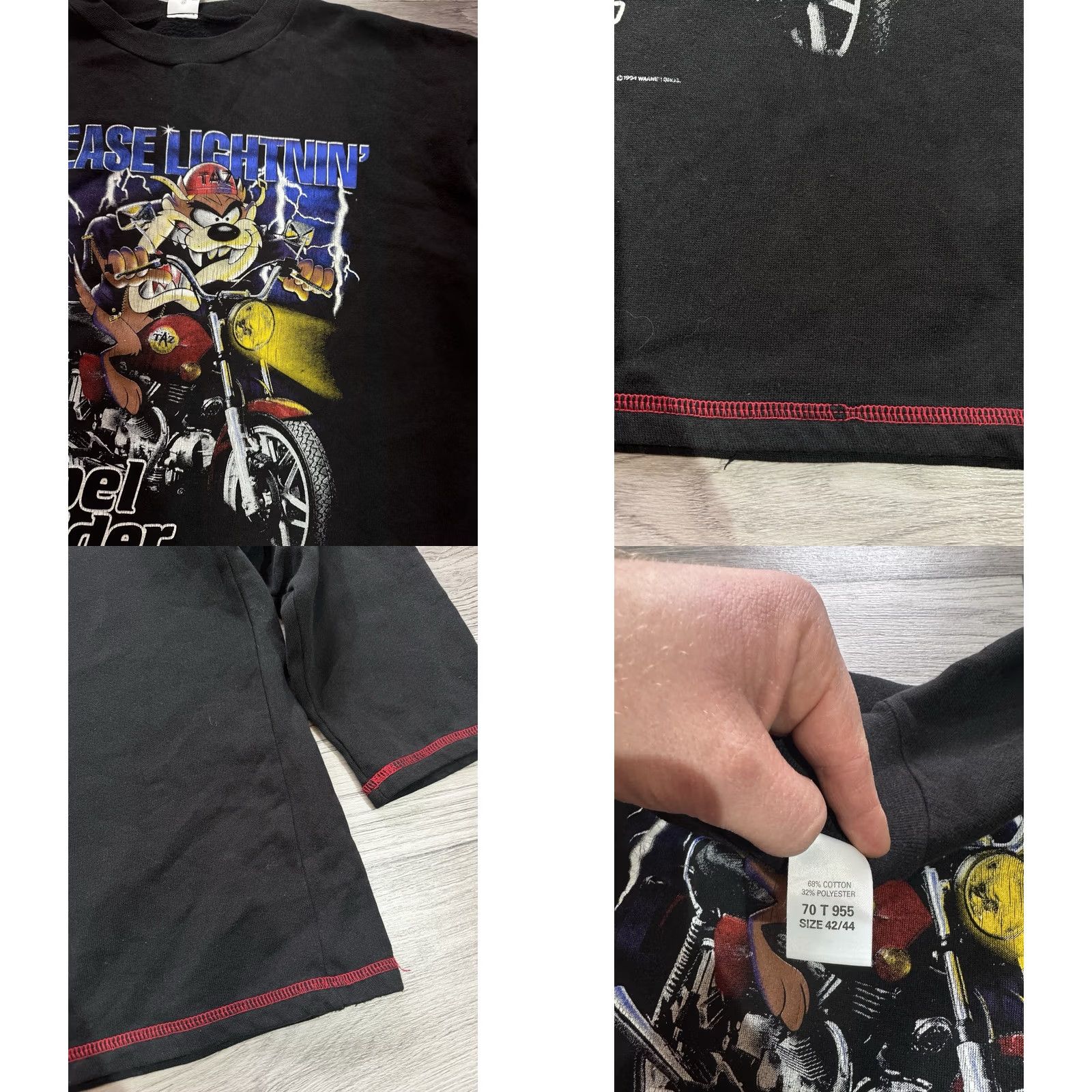 Vintage VINTAGE 1994 Looney Tunes Taz Grease Lightnin’ Rebel Rider Long Sleeve Sweatshirt Mens 42/44 Black Size US XL / EU 56 / 4 - 8 Thumbnail