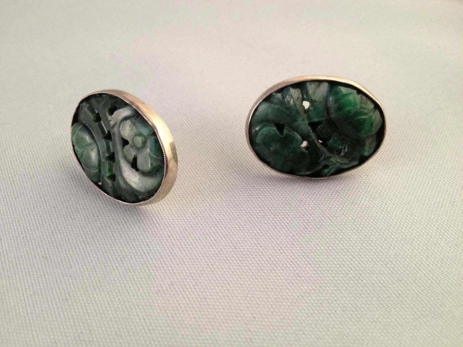 Designer Sterling Oval Chinese Carved Jade Earrings Alberto Juan Size ONE SIZE - 6 Thumbnail