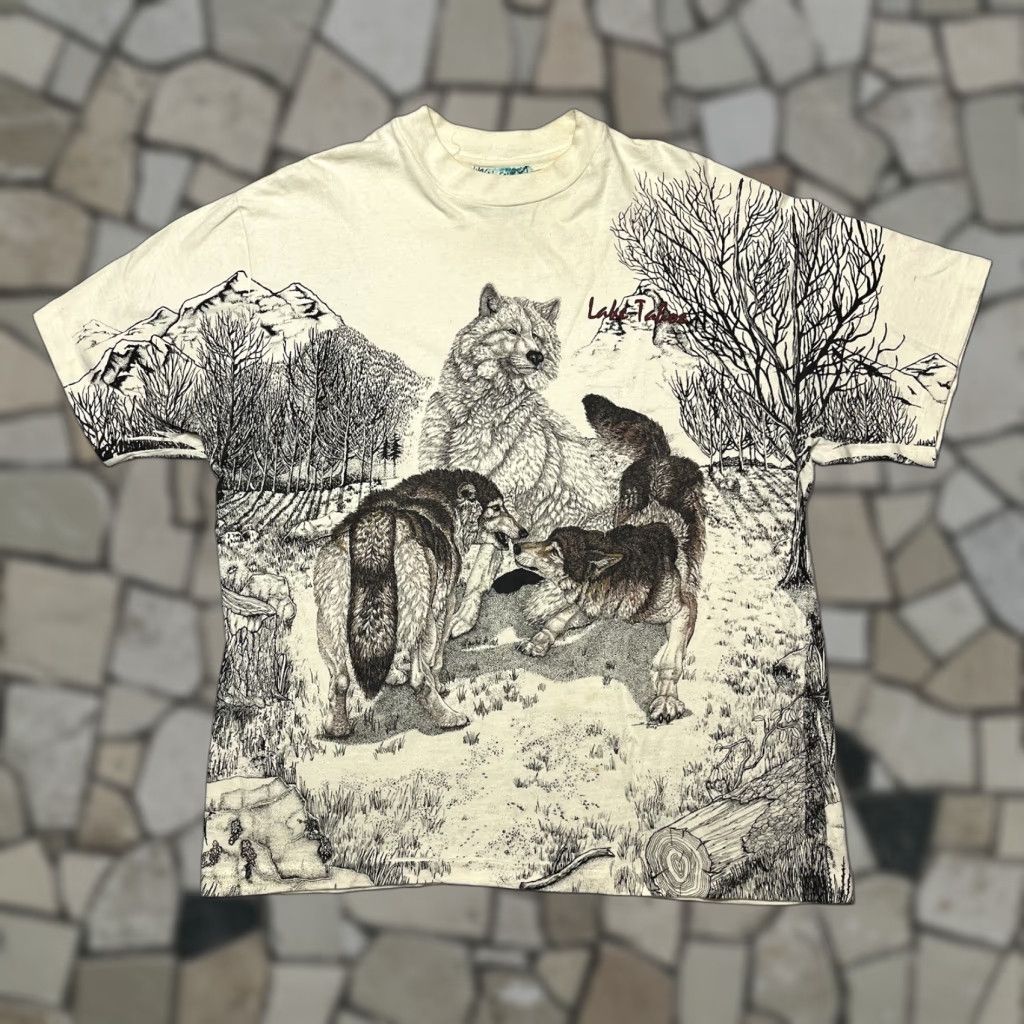 VINTAGE 90s Local Color Art Wolves T Shirt All Over Print AOP L Hanes Beefy-T Mens White Cotton Short Sleeve Crew Neck Graphic Print Regular Fit