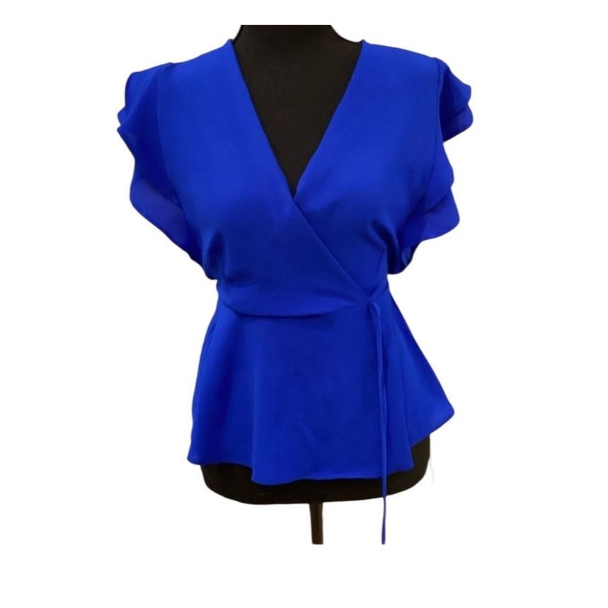 Other Monteau Blue Faux Wrap Ruffle Short Sleeve V-Neck Blouse Size M / US 6-8 / IT 42-44 - 2 Thumbnail