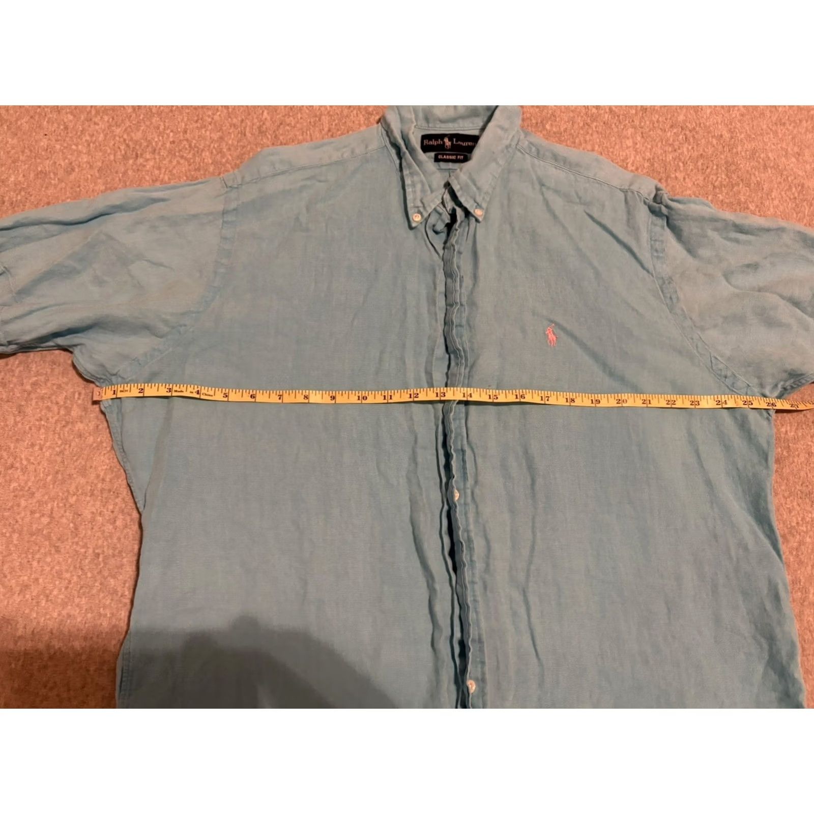 Polo Ralph Lauren VINTAGE Polo Ralph Lauren Short Sleeve Button-Up Shirt Mens Large Blue Linen Stain Flawed Pony Size US L / EU 52-54 / 3 - 4 Thumbnail
