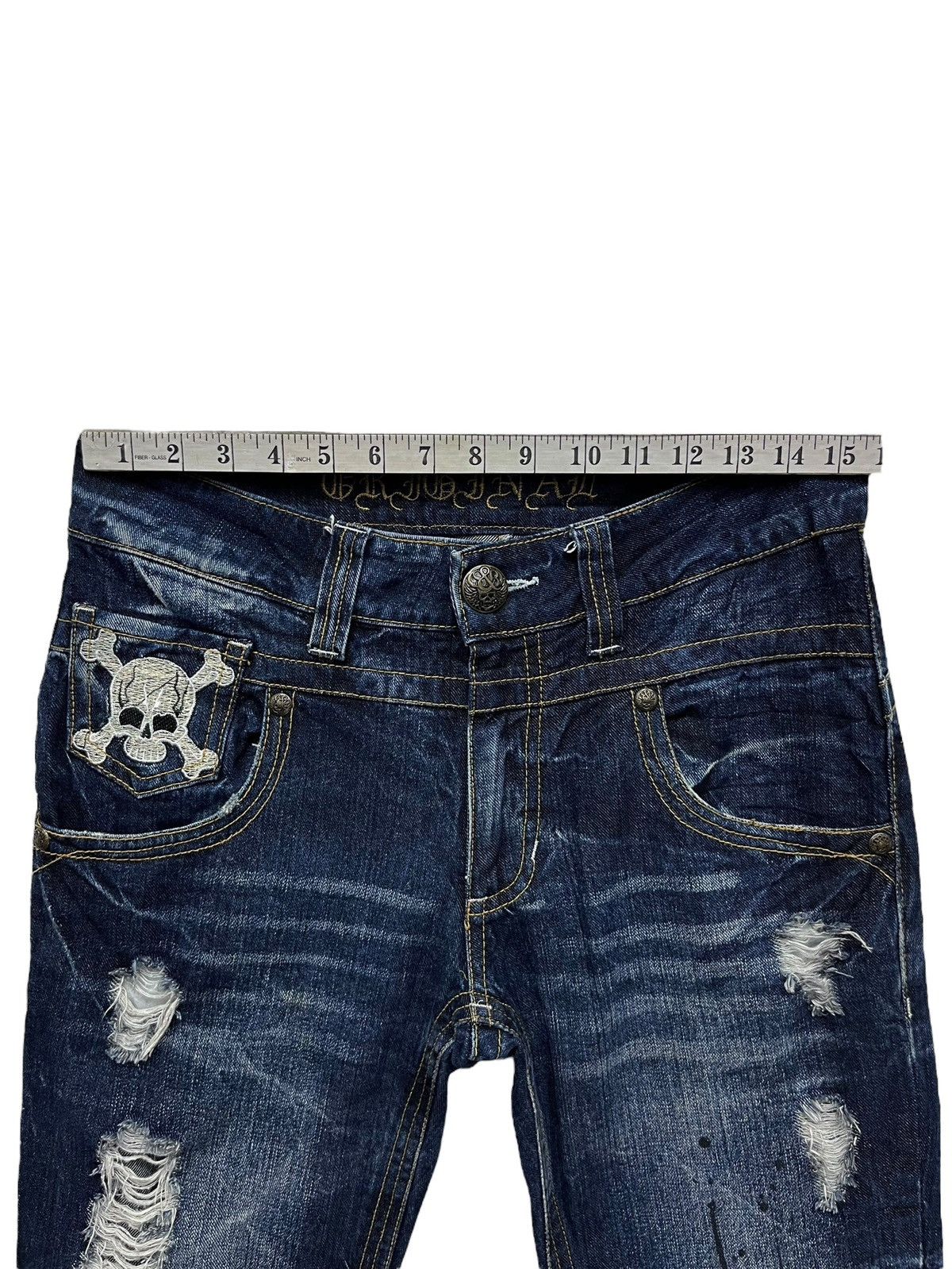 Skullcandy FLARE🔥 S&B Skull Embroidery Distressed Ripped Denim Pants Size US 31 - 18 Thumbnail