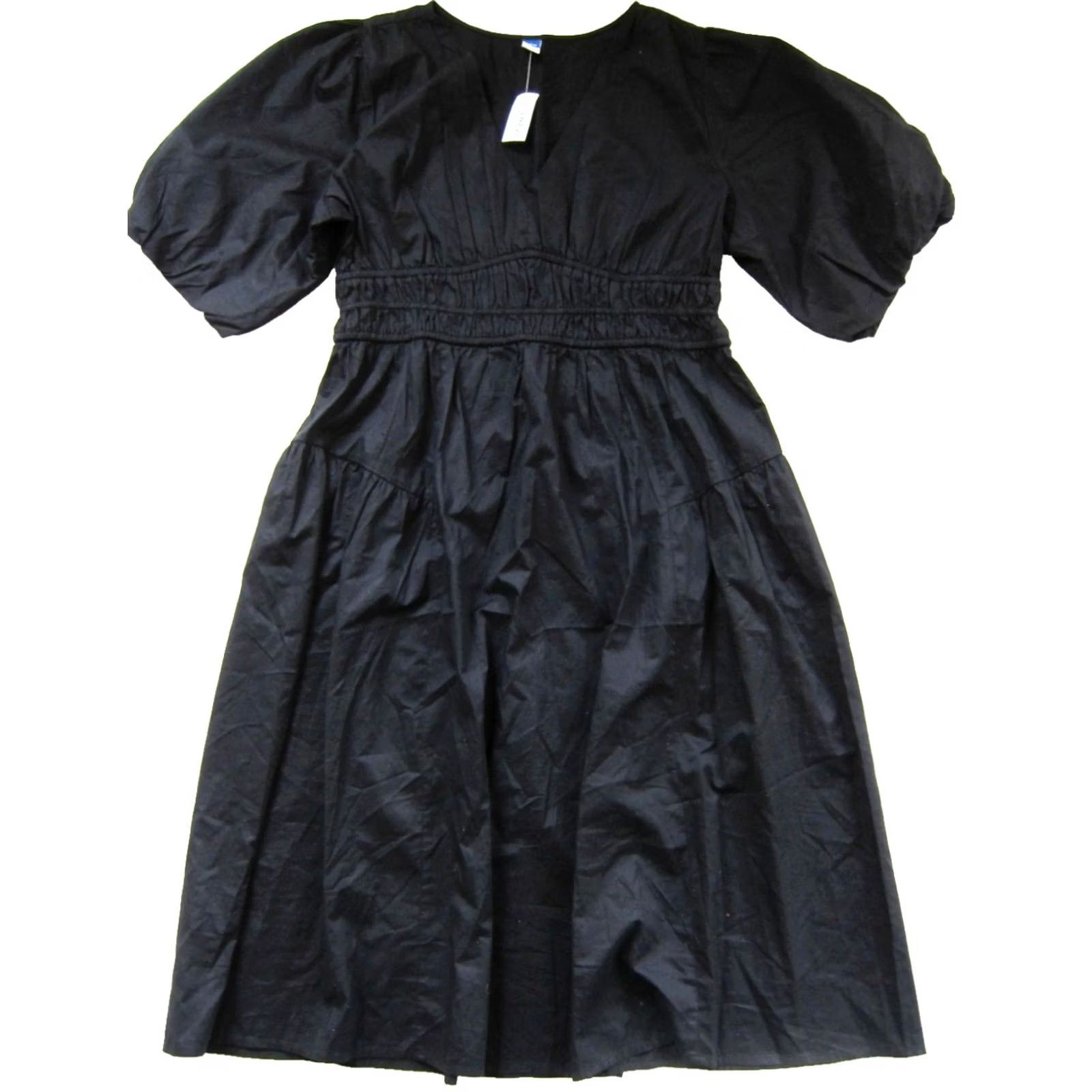 Old Navy NWT Old Navy 100% Cotton Black Short Puff Sleeve V-Neck Midi Smock Dress Large P Size 36" / US 14 / IT 50 - 2 Thumbnail