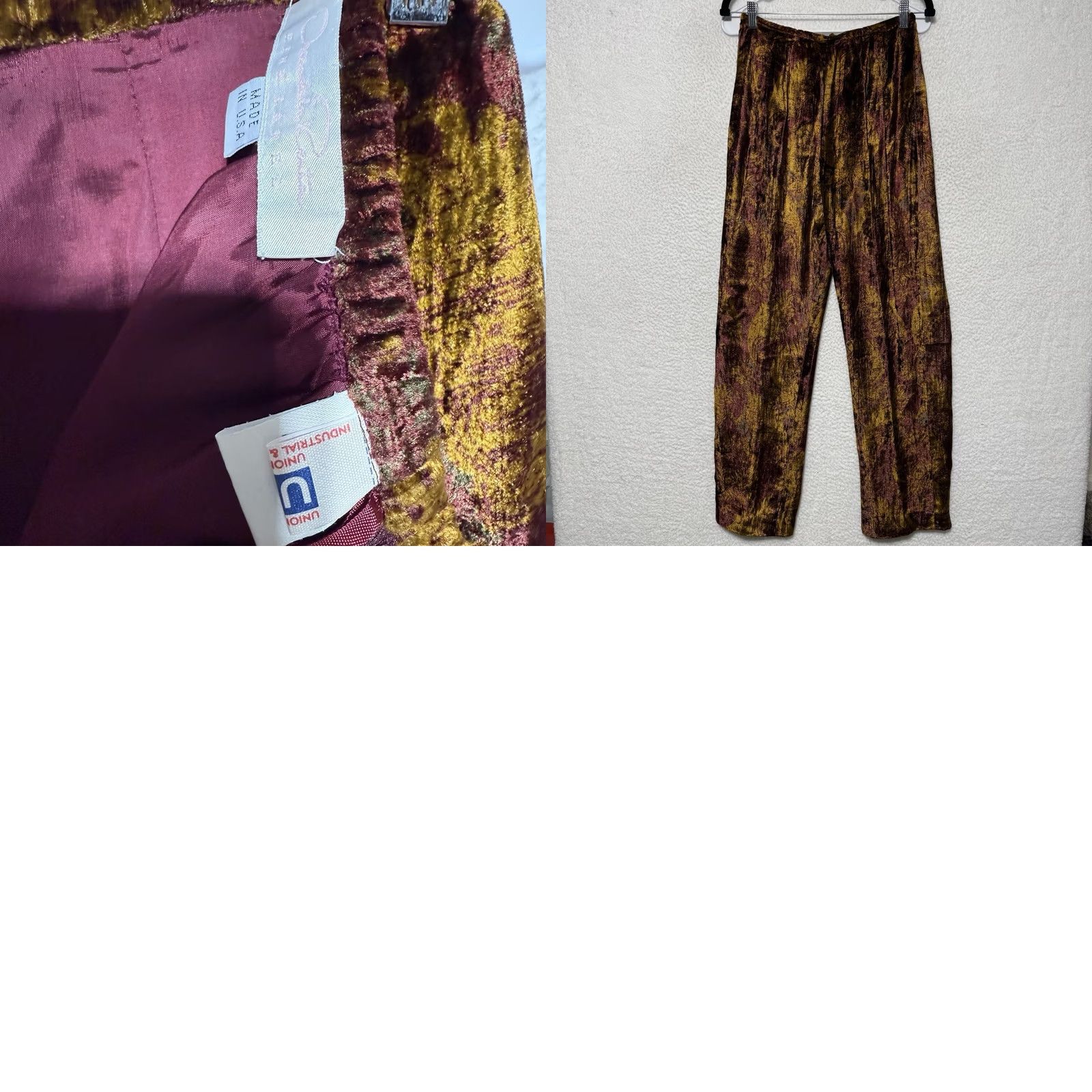 Oscar De La Renta VTG Oscar de la Renta Pink Label 2 Piece Crushed Velvet Union Made Outfit Top & Pants Set Women 1990s Burgundy Gold Velvet Eveningwear USA reads* Size ONE SIZE - 10 Thumbnail