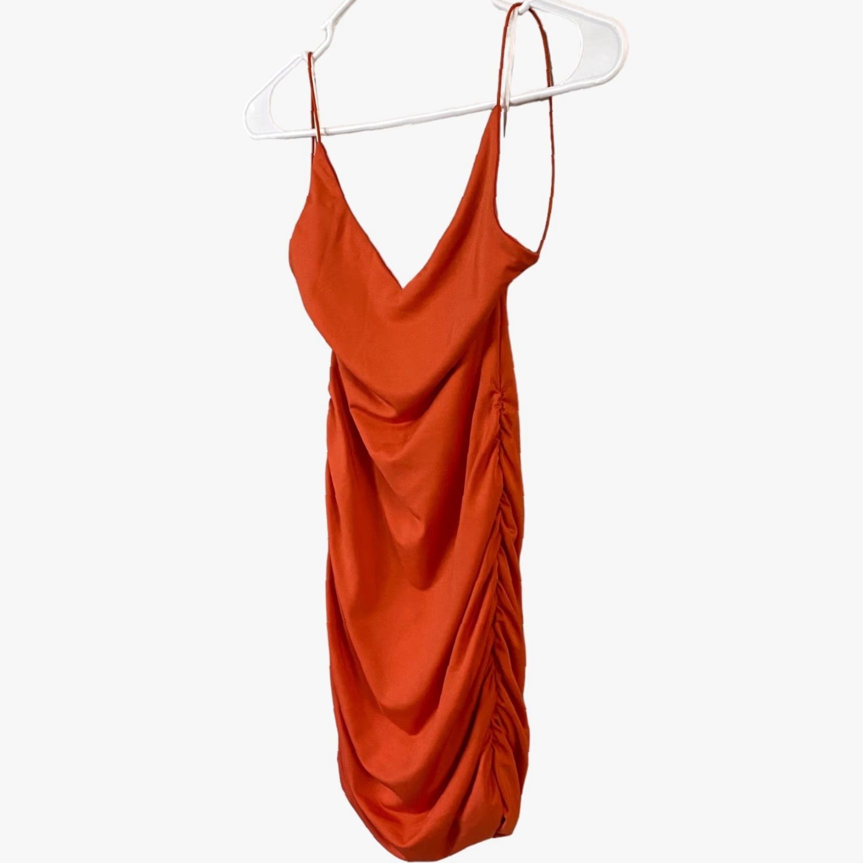 PRINCESS POLLY VINTAGE Princess Polly Ruched Bodycon Low-Back V-Neck Mini Dress Women's Size 2 Orange Size XS / US 0-2 / IT 36-38 - 2 Thumbnail