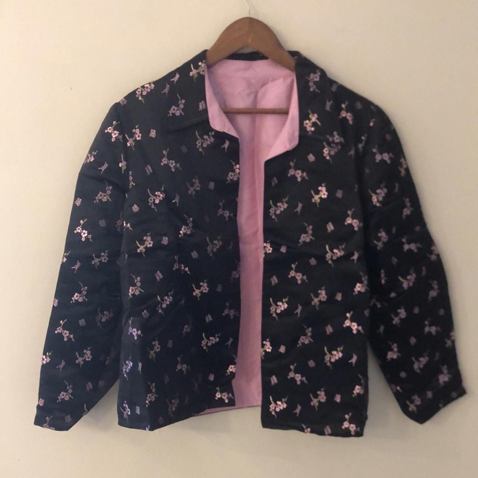Handmade Handmade Black Asian jacket pink black floral Satin SZ LG Size L / US 10 / IT 46 - 1 Thumbnail