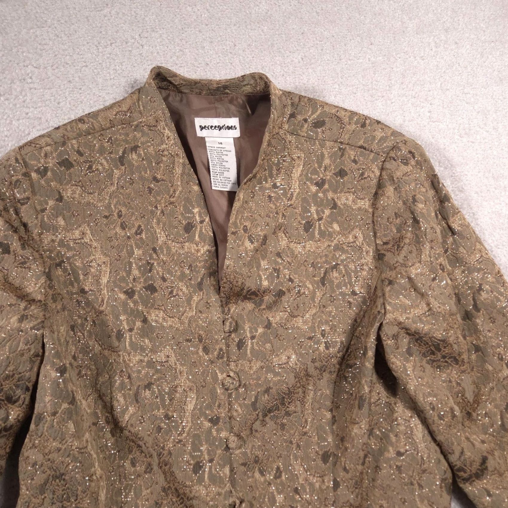 Vintage VINTAGE Perceptions Blazer Womens 14 Brown Metallic Floral Jacquard Evening Jacket Size XL / US 12-14 / IT 48-50 - 3 Thumbnail