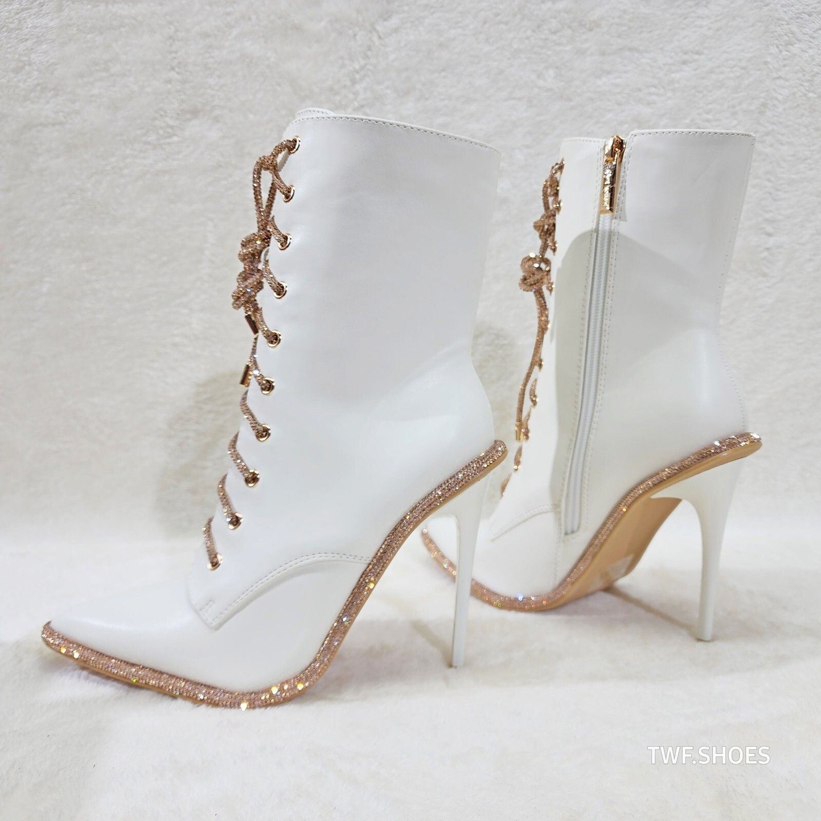Delightful White Upper High Heel Ankle Boots Rose Gold Rhine