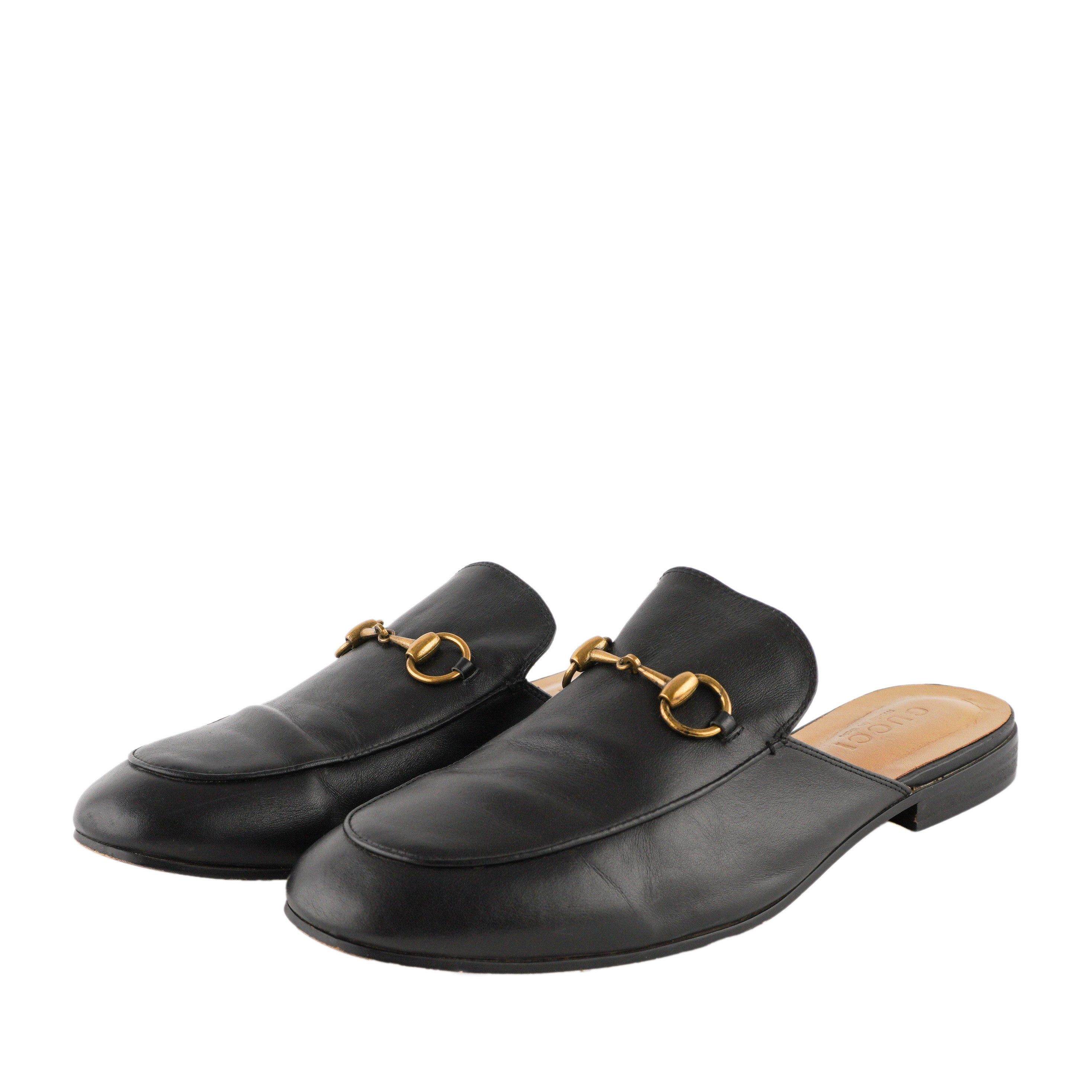 Vintage Gucci Horsebit Gold Logo Leather Black Sandal Slides