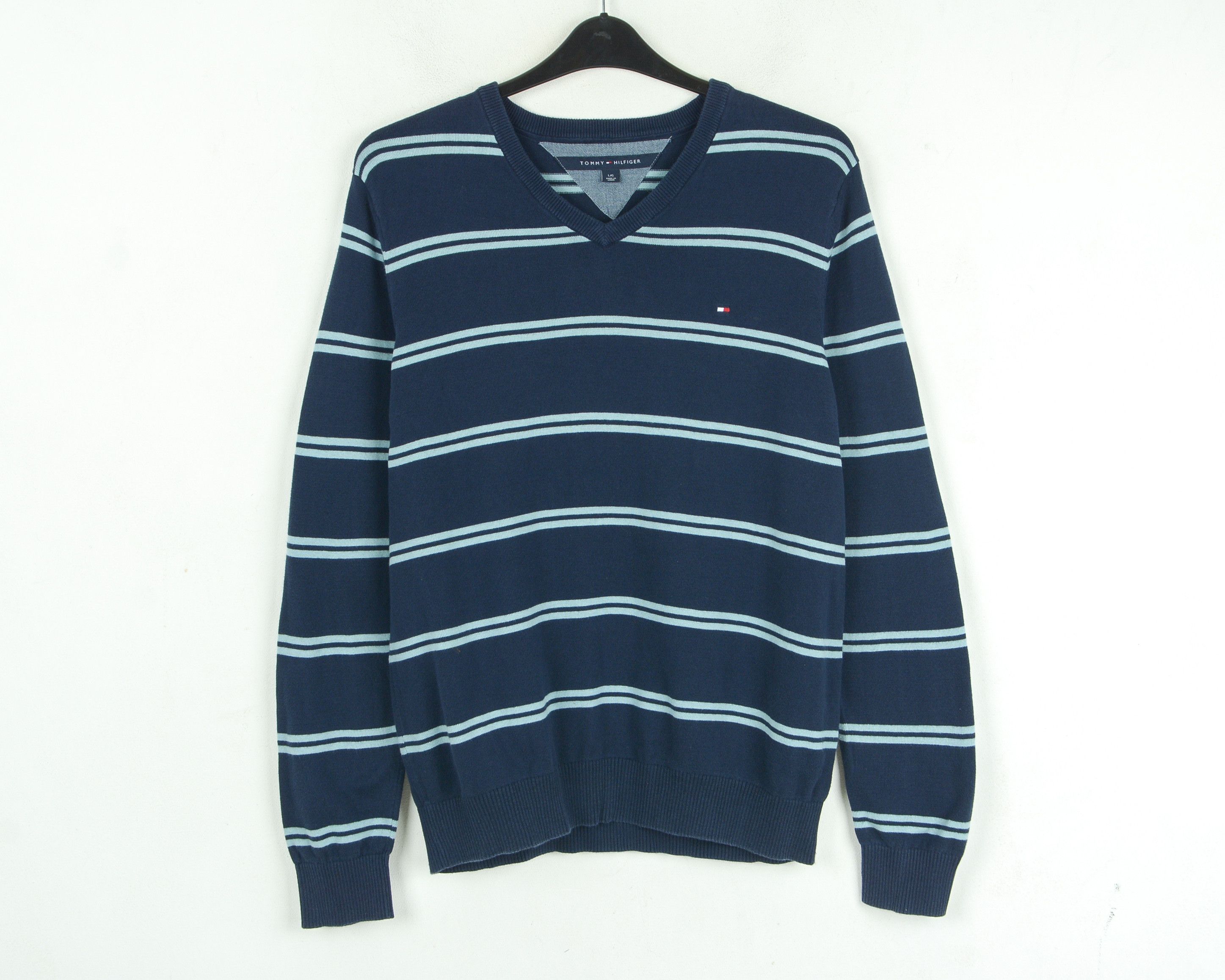 Tommy Hilfiger Men's Pullover Sweater Striped Knit Cotton V Neck Blue Size US L / EU 52-54 / 3 - 1 Thumbnail