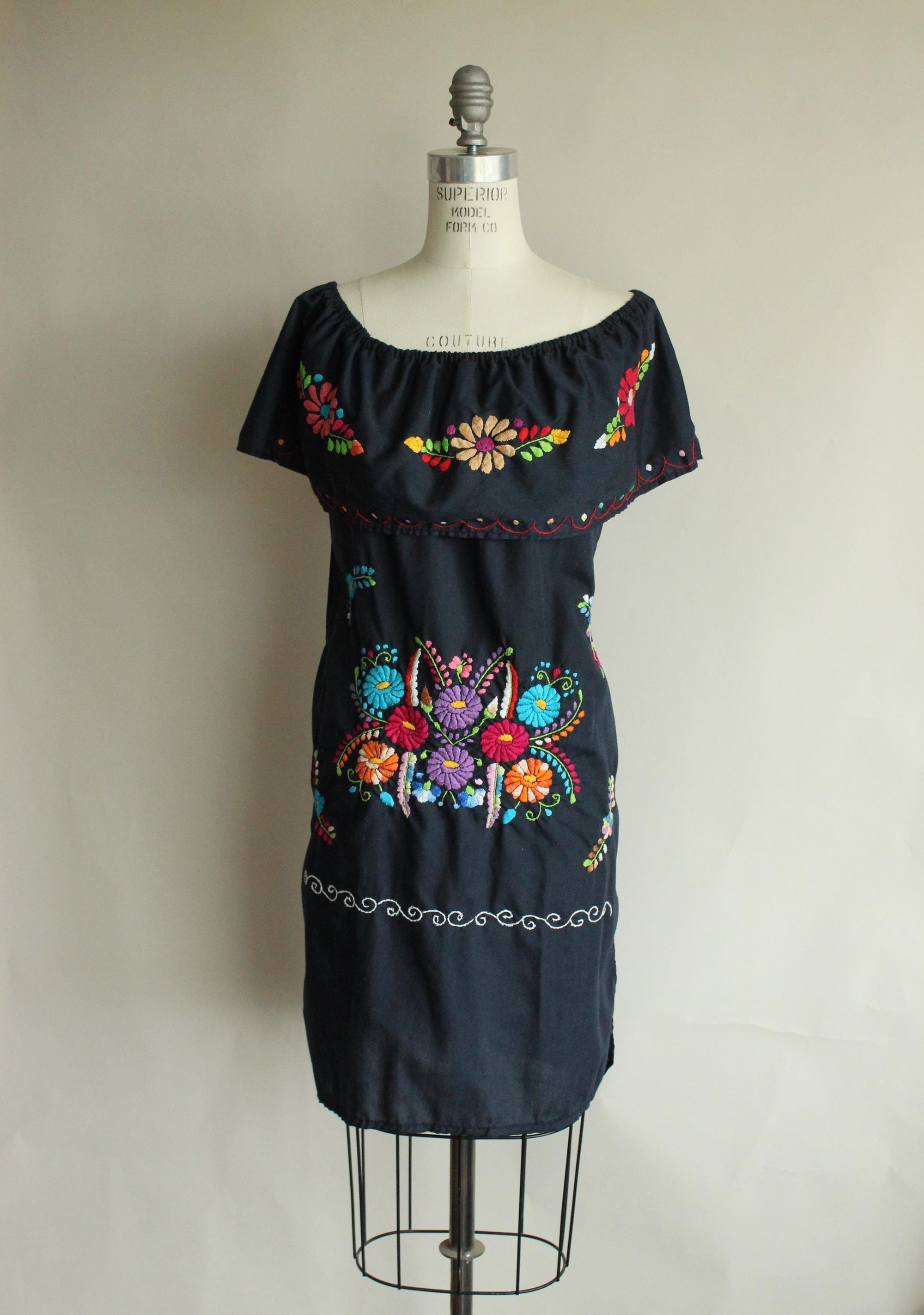 Vintage Vintage 1980s 1990s Dress, Volup Navy Blue Mexican Oaxaca Em Size XL / US 12-14 / IT 48-50 - 2 Thumbnail