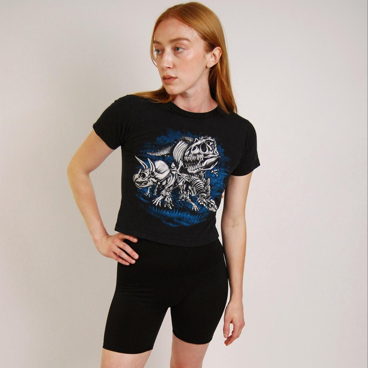 Vintage Dino Skeleton Baby Tee (XS) vintage y2k blue dinosaur top Size XS / US 0-2 / IT 36-38 - 1 Thumbnail