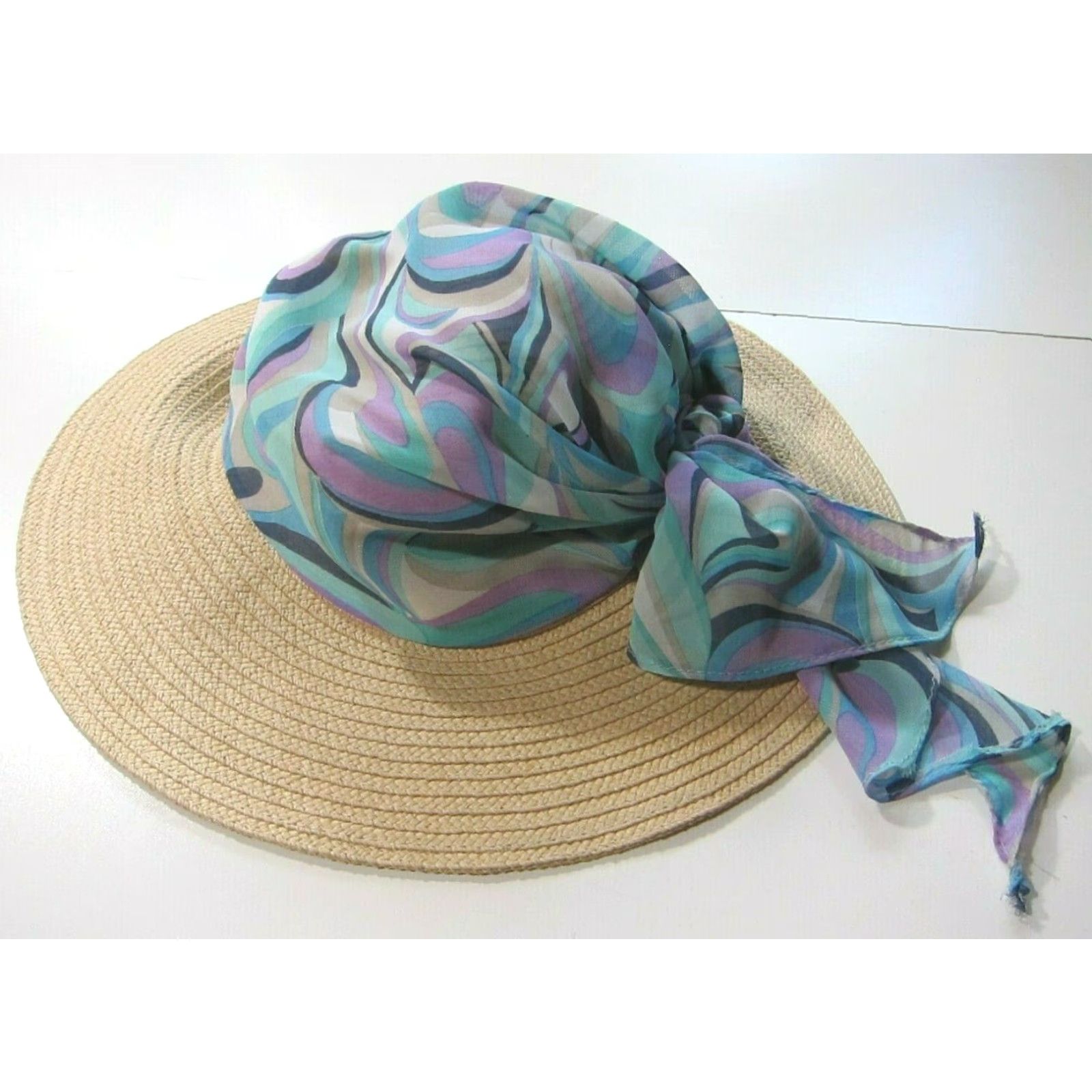 Vintage Sun N Sand Packable Wide Brim Tan Paper Weave Scarf Covered Beach Sun Hat Womens Adult M Brown Size ONE SIZE - 2 Thumbnail