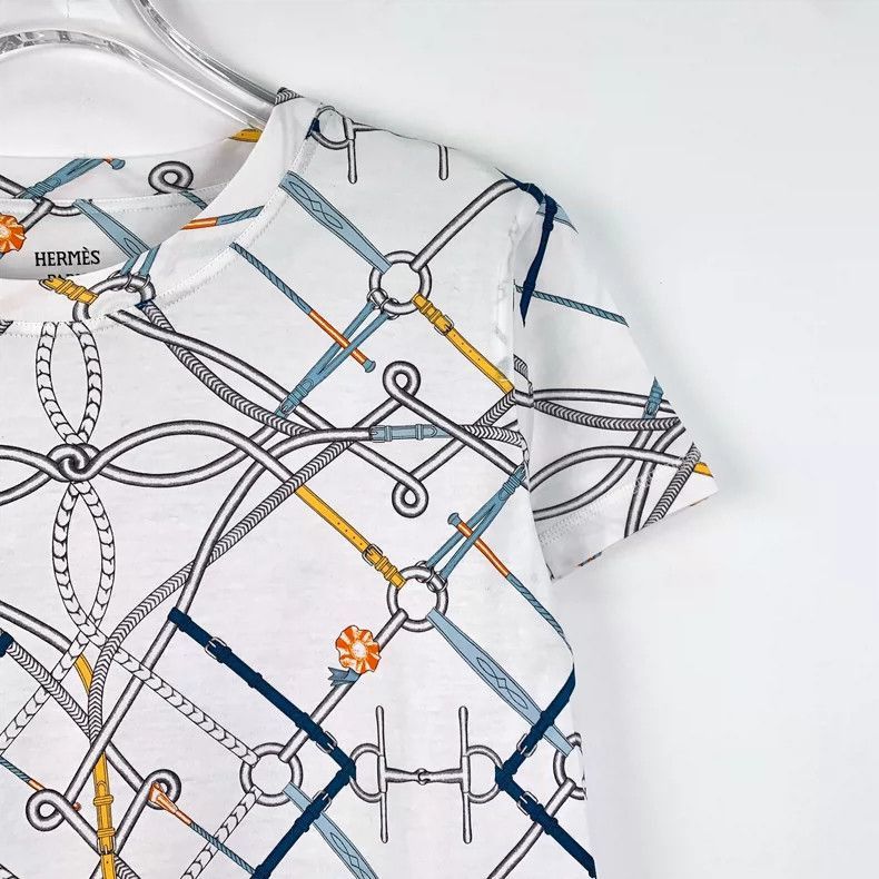 Hermes White Chain Print Cotton Short Sleeve Dress-2506 Size XS / US 0-2 / IT 36-38 - 3 Thumbnail