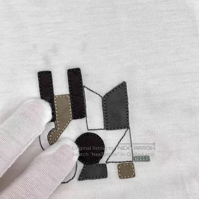 Hermes Hermes White Geometric Leather Patchwork Cotton Jersey Sho Size L / US 10 / IT 46 - 7 Thumbnail