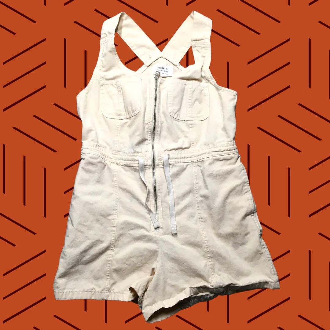 Vintage VINTAGE Miss Selfridge Romper Womens 8 Beige Denim Sleeveless Zip Front Shorteralls Size 30" / US 8 / IT 44 - 1 Thumbnail