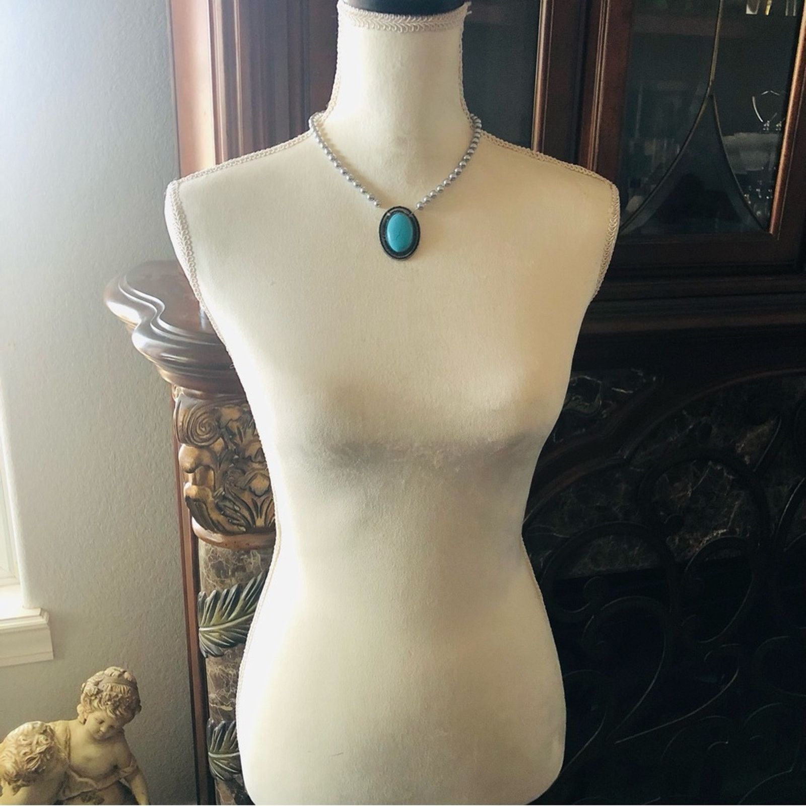Handmade Handcrafted repurpose oval turquenite pendant Pearl necklace Size ONE SIZE - 6 Thumbnail