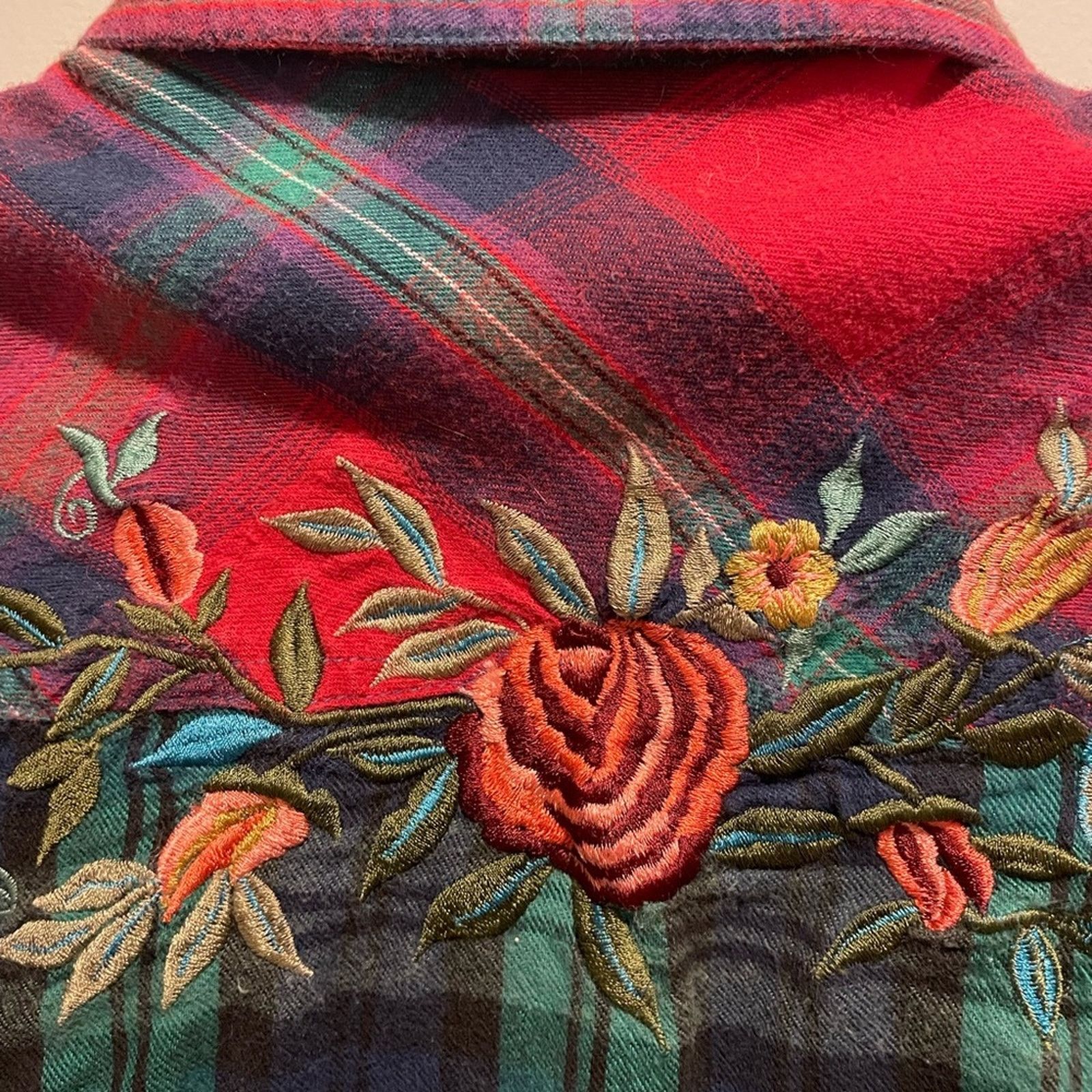 Vintage QPS Brand VTG Flannel Button Down Shirt Floral Embroidery Size S / US 4 / IT 40 - 4 Thumbnail