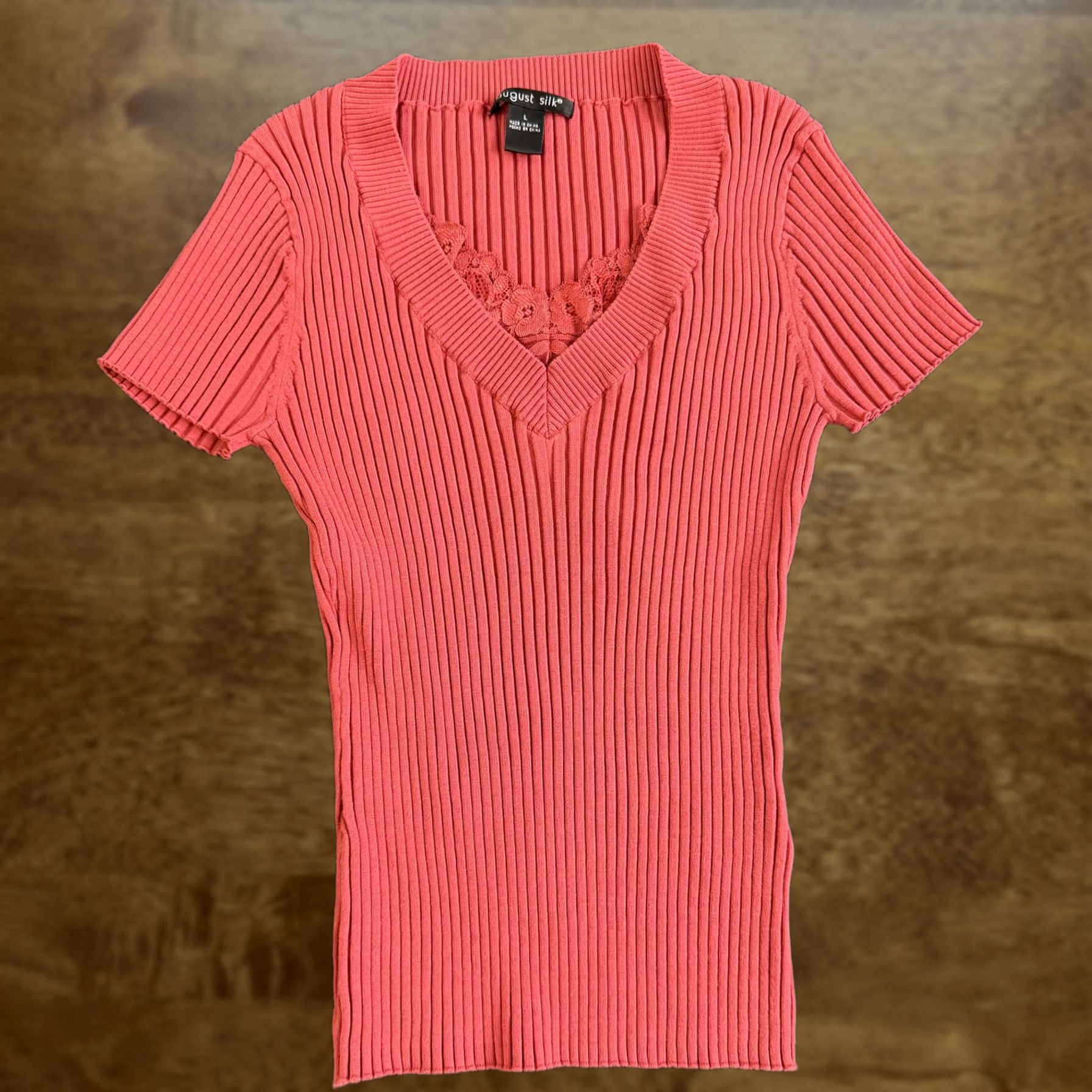 Vintage August Silk Sweater Womens Large Pink V Neck Lace Trim Short Sleeve Ribbed Knit Pullover Casual Adults Mens? Size L / US 10 / IT 46 - 1 Thumbnail