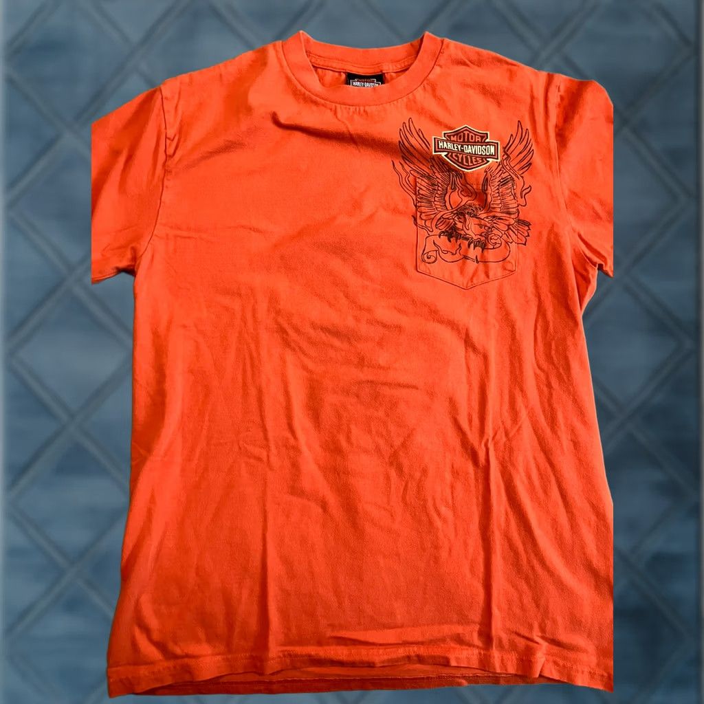 Harley Davidson Harley-Davidson Pocket T-Shirt L Large Orange Burning Eagle Graphic Tampa Orlando Motorcycle Men Short Sleeve Pocketed Shirt Size US L / EU 52-54 / 3 - 1 Thumbnail