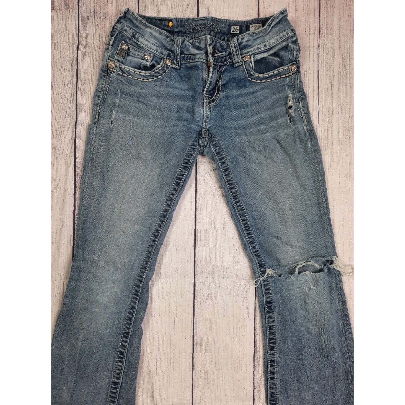 Miss Me Miss Me Jeans Boot Cut 26 Blue Light Wash Distressed Stretch Denim JE5801B2 Size 26" / US 2 / IT 38 - 4 Thumbnail
