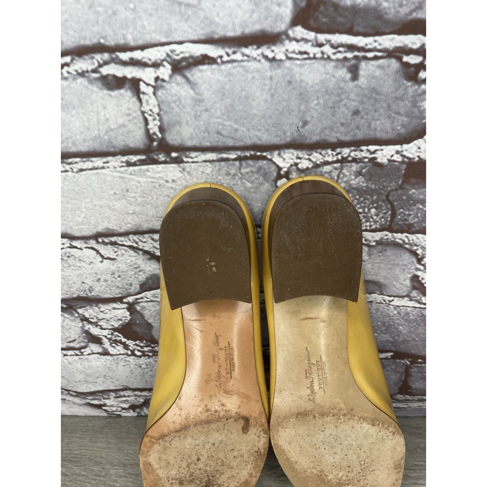 Salvatore Ferragamo Salvatore Ferragamo Yellow Patent Leather Slip On Heel Shoes Size US 7.5 / IT 37.5 - 10 Thumbnail
