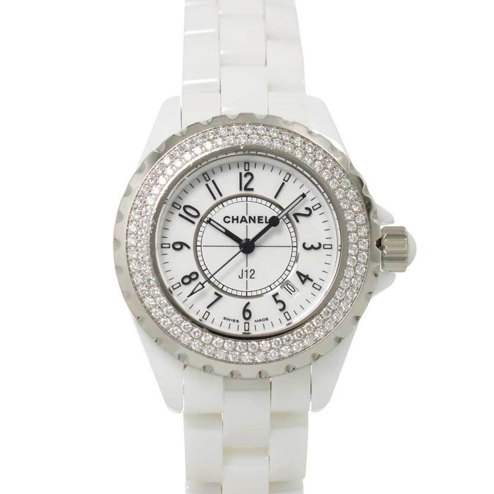 Chanel J12 33Mm H0967 Ladies Watch Diamond Bezel Date White Ceramic Quartz, Women's