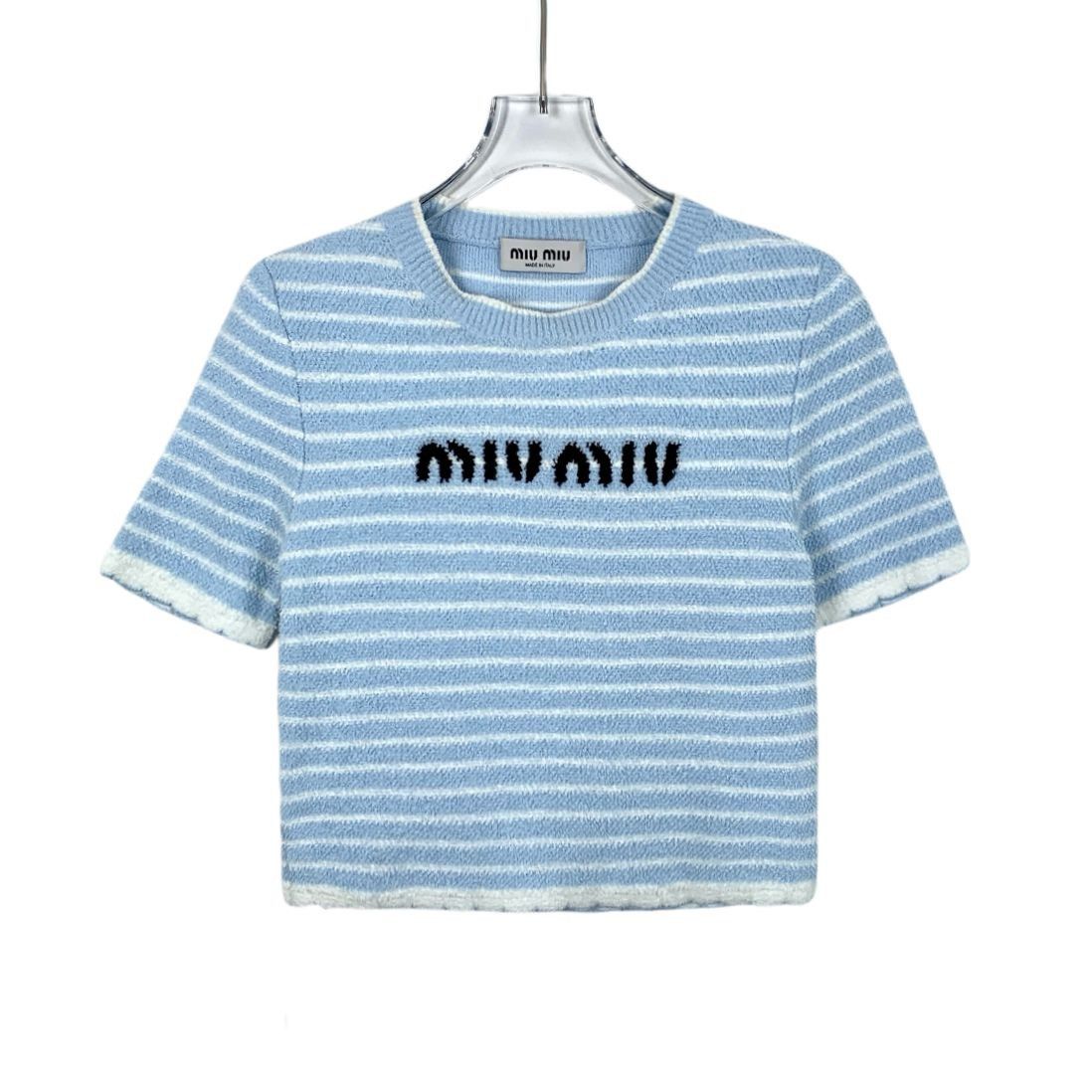 miu miu ストライプ 半袖ニット Miu Miu Miu Miu Blue & White Striped Short Sleeve Knit Crop Top