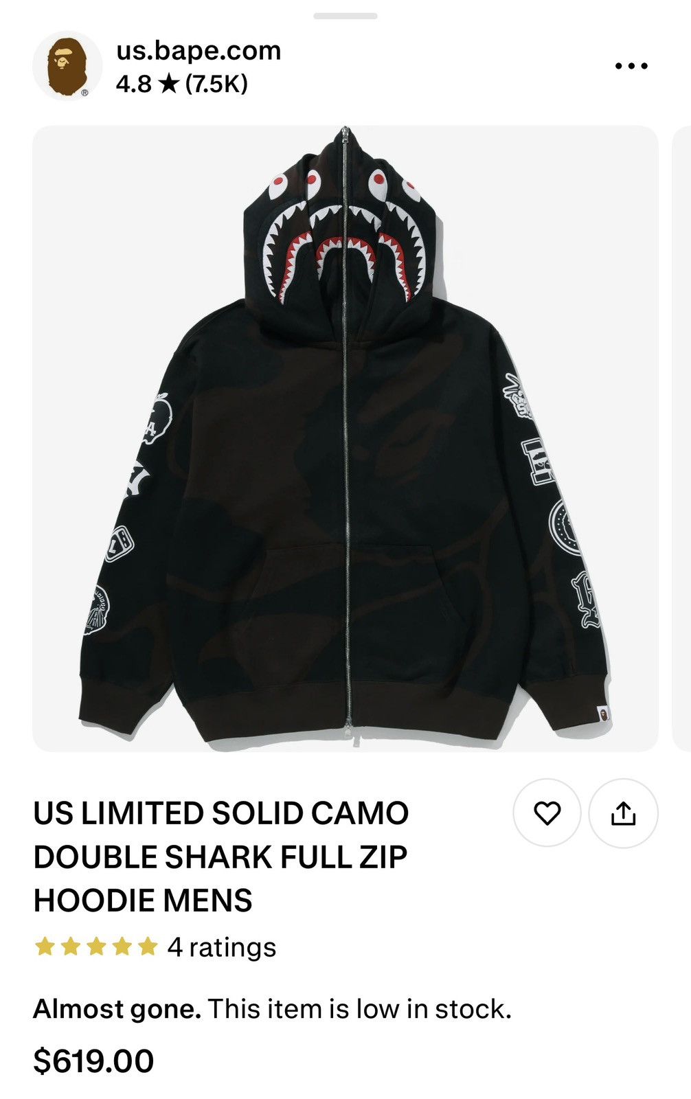 Bape US *LIMITEDEDITION* CAMO DOUBLE SHARK FULL ZIP HOODIE MENS Size US M / EU 48-50 / 2 - 9 Thumbnail