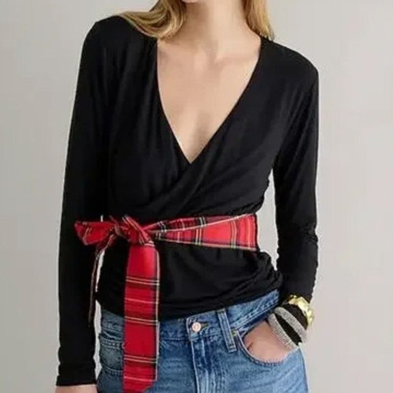 J.Crew J. Crew Womens Formknit Surplice Plaid Belted Top XS Preppy Size XS / US 0-2 / IT 36-38 - 1 Thumbnail
