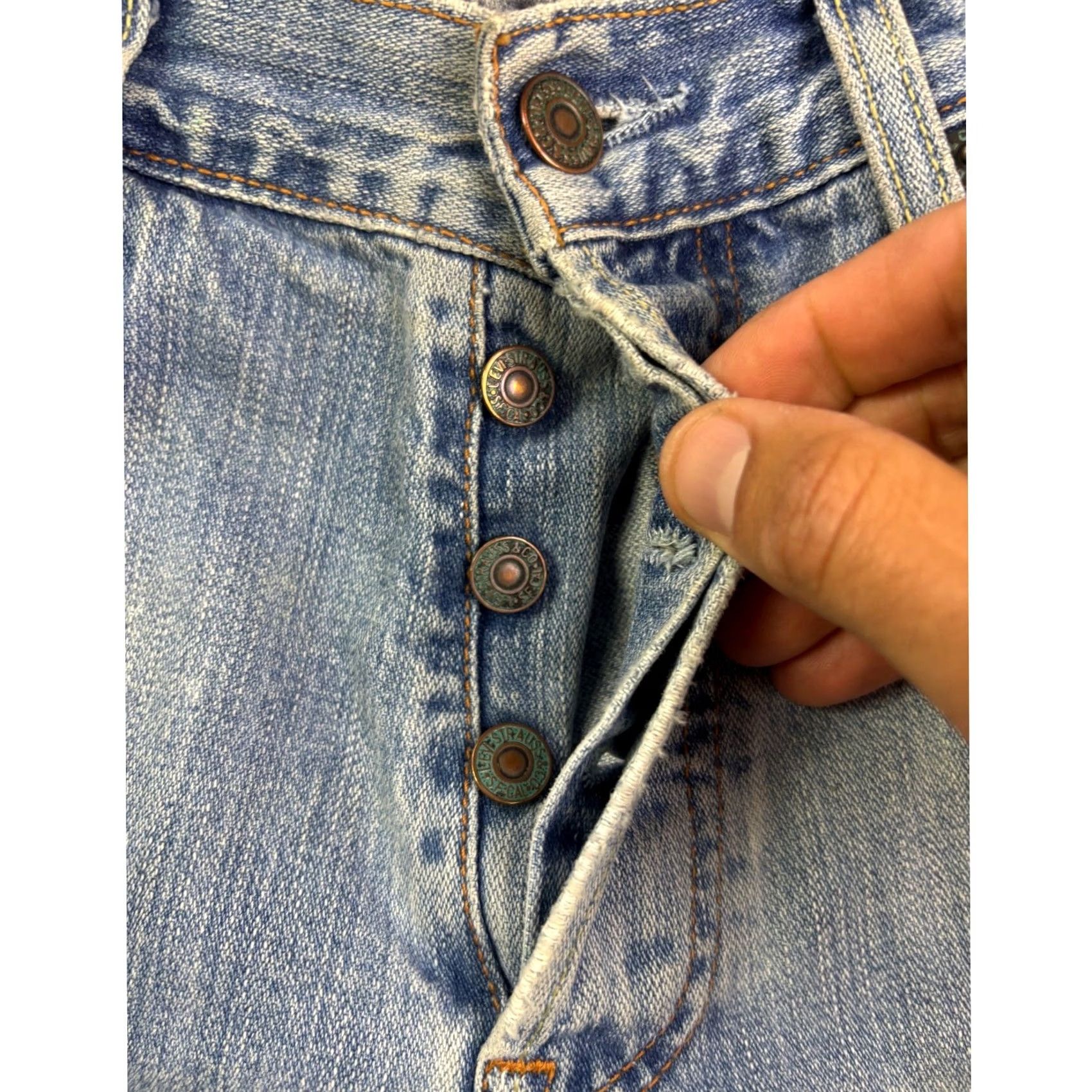 Levi's Levi's 501 Jeans Mens 29x27 Light Wash Distressed Raw Hem Button Fly Straight Denim Vintage Western Mid Rise Carry Pocket Pants Size US 29 - 3 Thumbnail