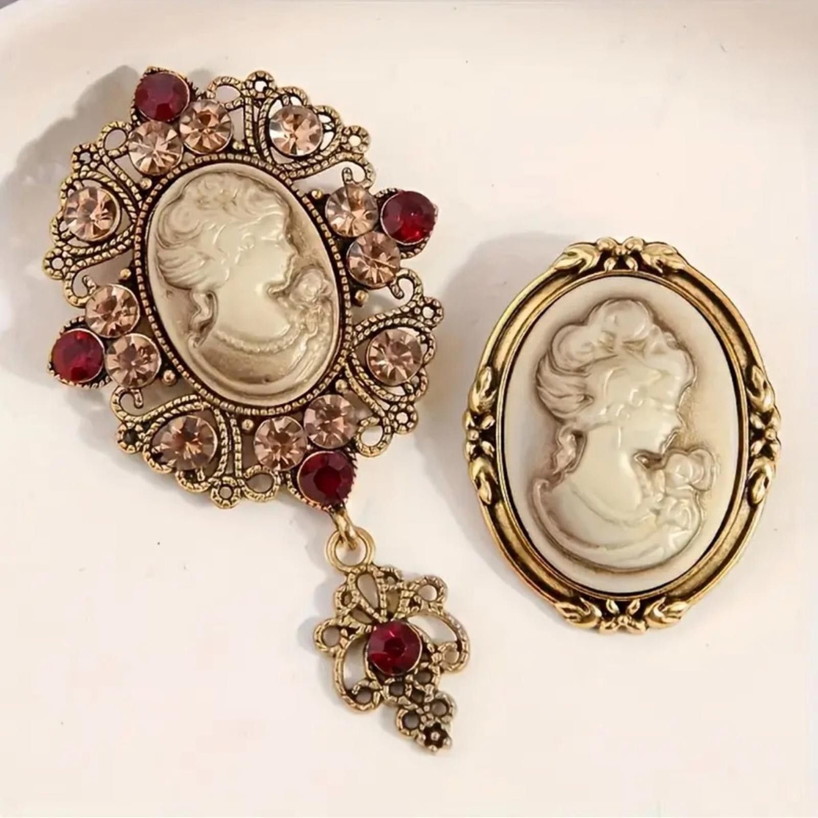 Designer Vintage Inspired Cameo Brooch Set with Red and Gold Accents Size ONE SIZE - 1 Thumbnail