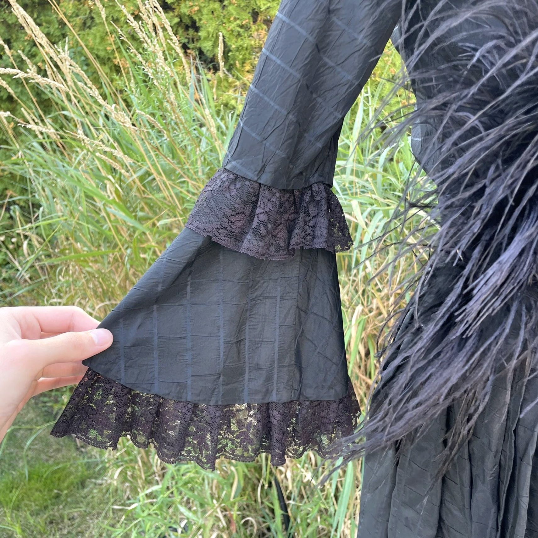 Vintage VINTAGE Antique Silk Mourning Dress Black Gown Lace Victorian Bustle Ostrich Feather VTG Gothic PS Black Mens? Size S / US 4 / IT 40 - 4 Thumbnail