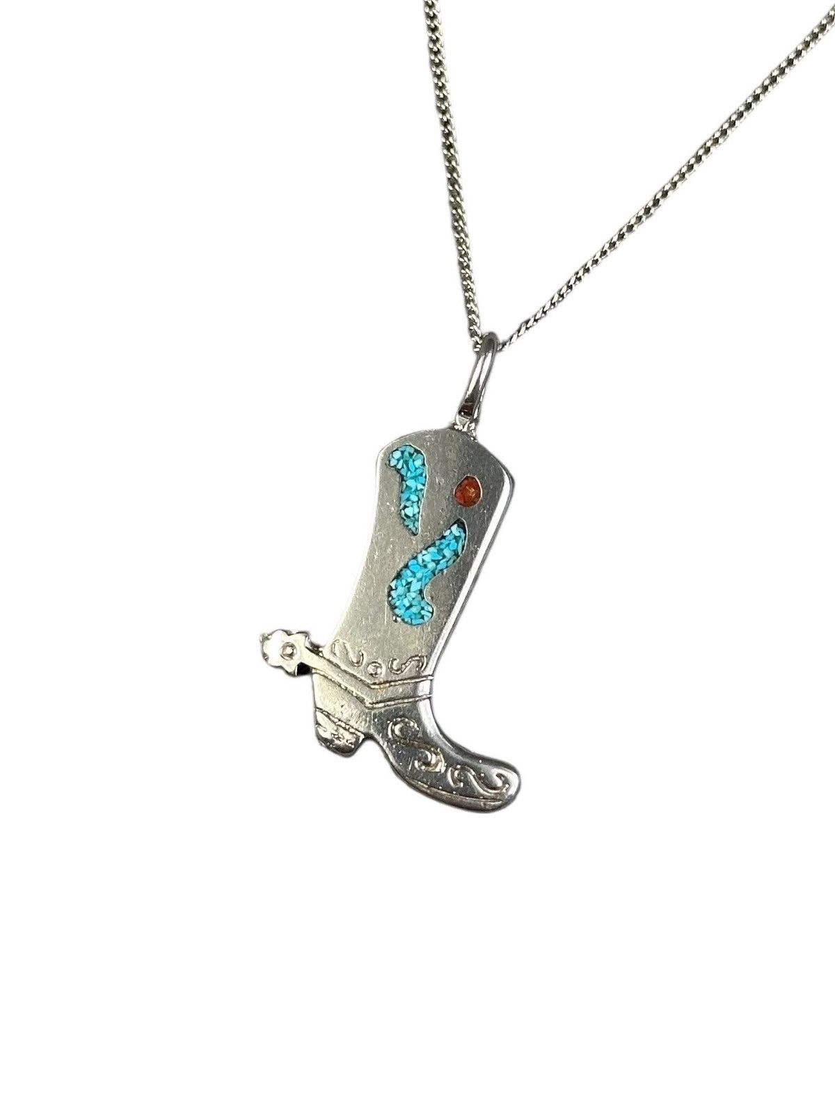 Vintage MEXICAN TURQUOISE AND CORAL SILVER WESTERN BOOT NECKLACE Size ONE SIZE - 3 Thumbnail