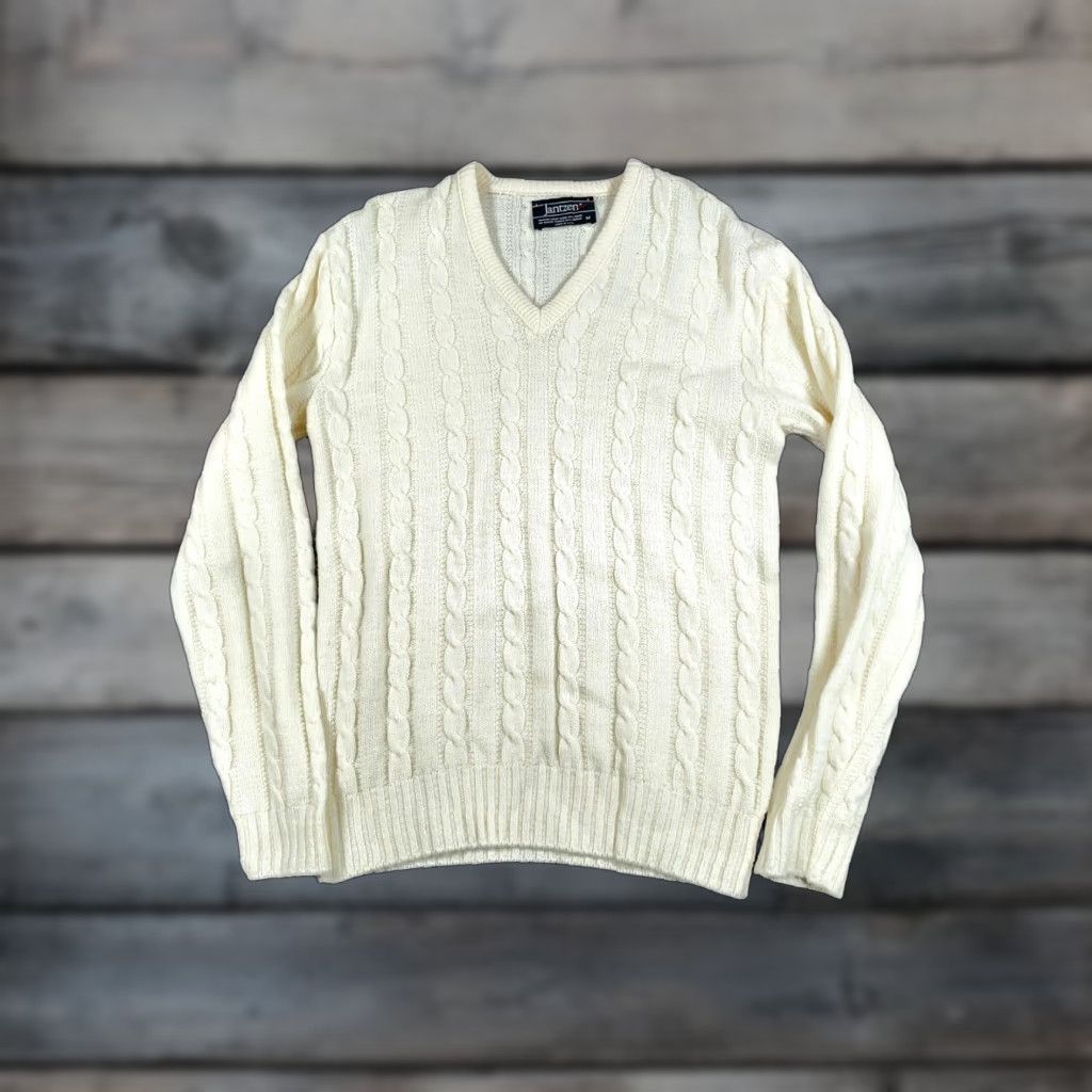 Jantzen VINTAGE Jantzen Cable Knit V-Neck Sweater Adult Small Ivory Lightweight Preppy 80s Mens Size US S / EU 44-46 / 1 - 1 Thumbnail