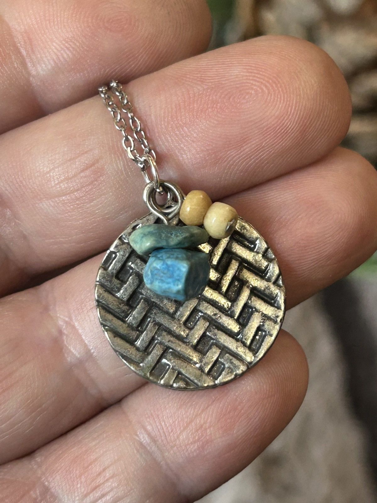 Handmade Handcrafted vintage woven disc stone pendant necklace Size ONE SIZE - 5 Thumbnail