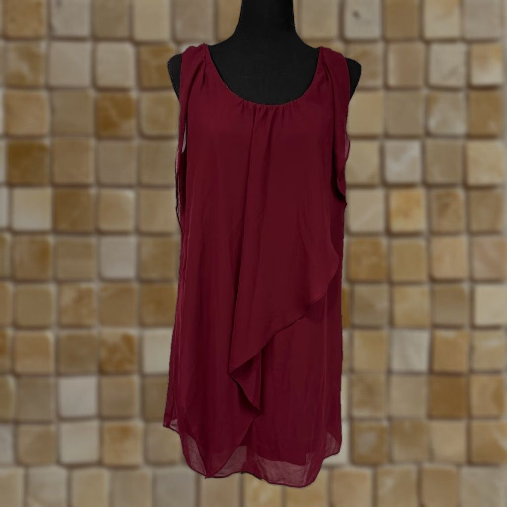Vintage A. Byer Women’s Dress CHIFFON Sleeveless FLOWY Sheer Overlay Lined Maroon XL Knee Length Dress Slip Womens Size XL / US 12-14 / IT 48-50 - 1 Thumbnail