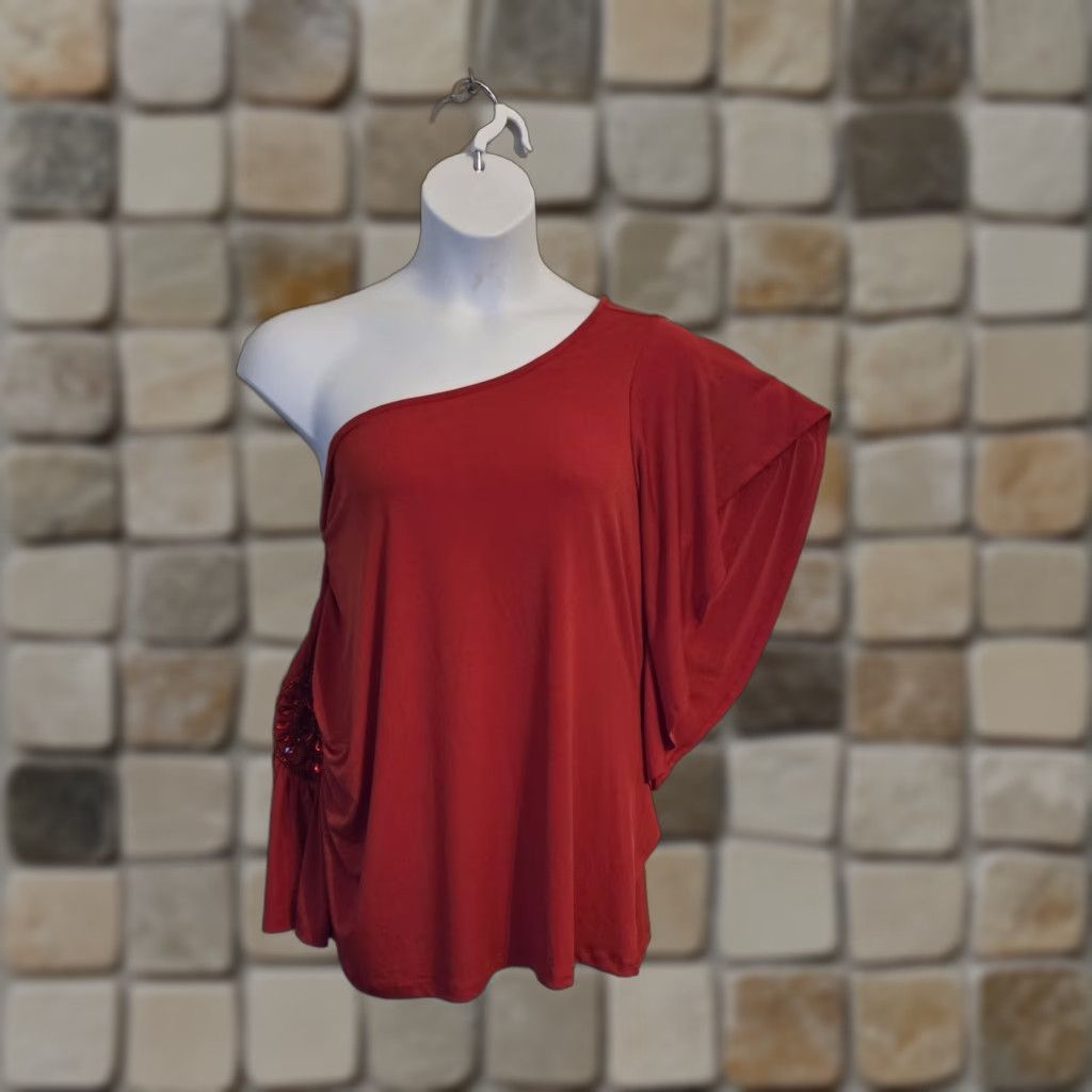 Vintage Lane Bryant Blouse Top One Shoulder Beaded Rhinestones NWT Plus 24 Red Sleeveless Asymmetrical Shoulder Women, Blouse Size 4XL / US 24-26 - 1 Thumbnail
