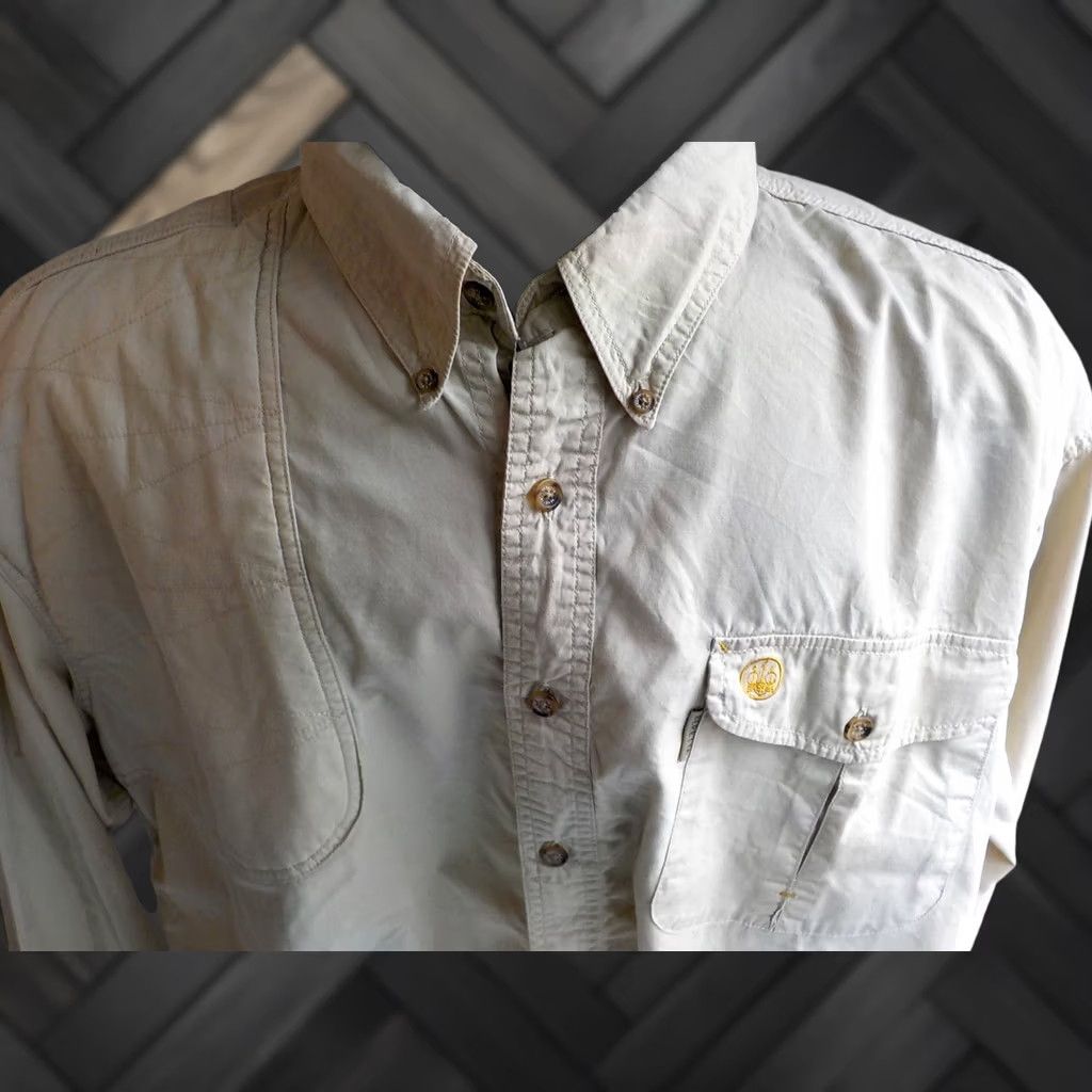Vintage Beretta Button-Down LS Shirt Beige 2XL Mens Cotton Vented Long Sleeve Caped Pocket Framed Patch Excellent Condition Size US XXL / EU 58 / 5 - 1 Thumbnail