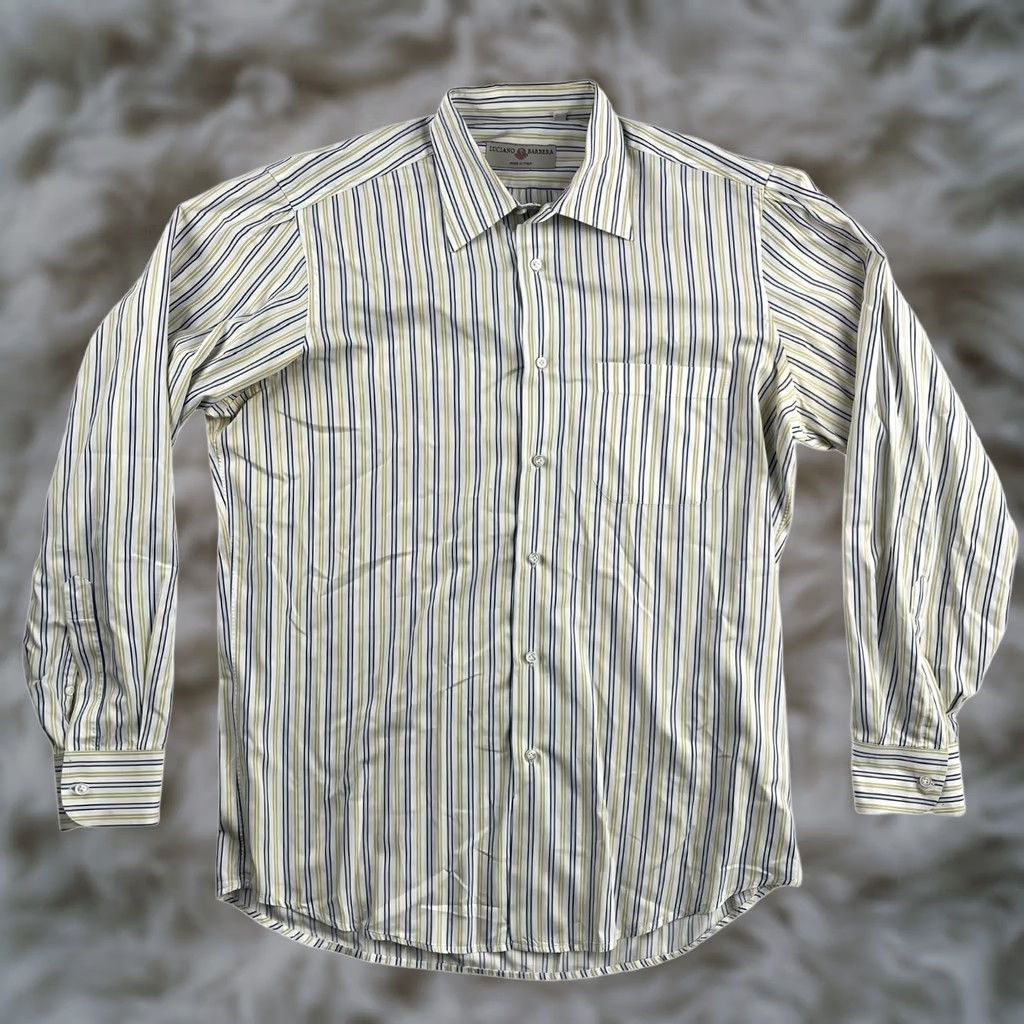 Vintage Luciano Barbera Shirt Button-Up Yellow Striped Cotton Blend Knit Long Sleeve Collared 41 Mens Made in Italy Size US L / EU 52-54 / 3 - 1 Thumbnail