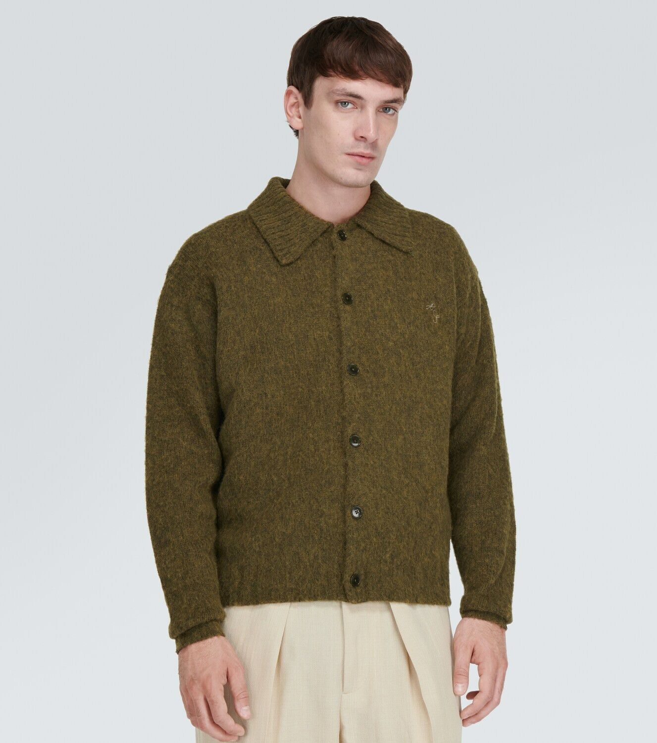 image of Aw23 Acne Studios Wool Cardigan XL in Dark Olive, Men's