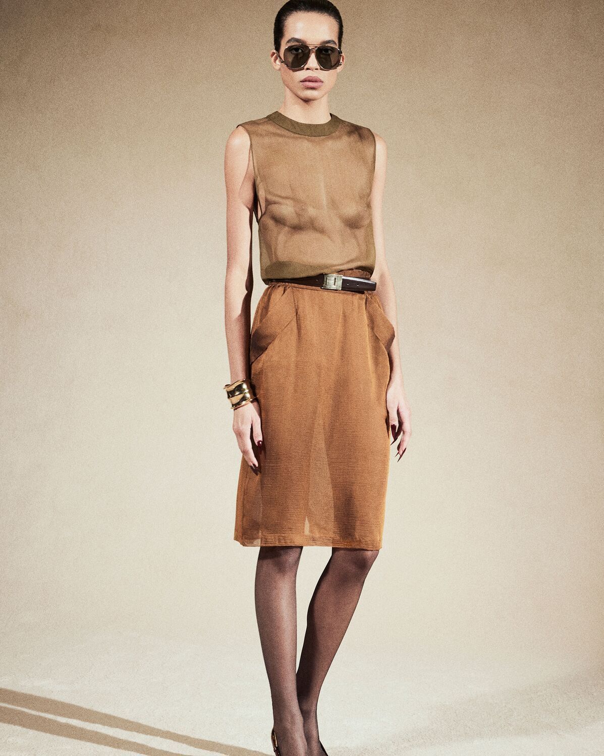 Saint Laurent Paris o1s1wg111024 Pencil Skirt in Silk Muslin in Light Brown Size 24" / US 00 / IT 34 - 3 Thumbnail